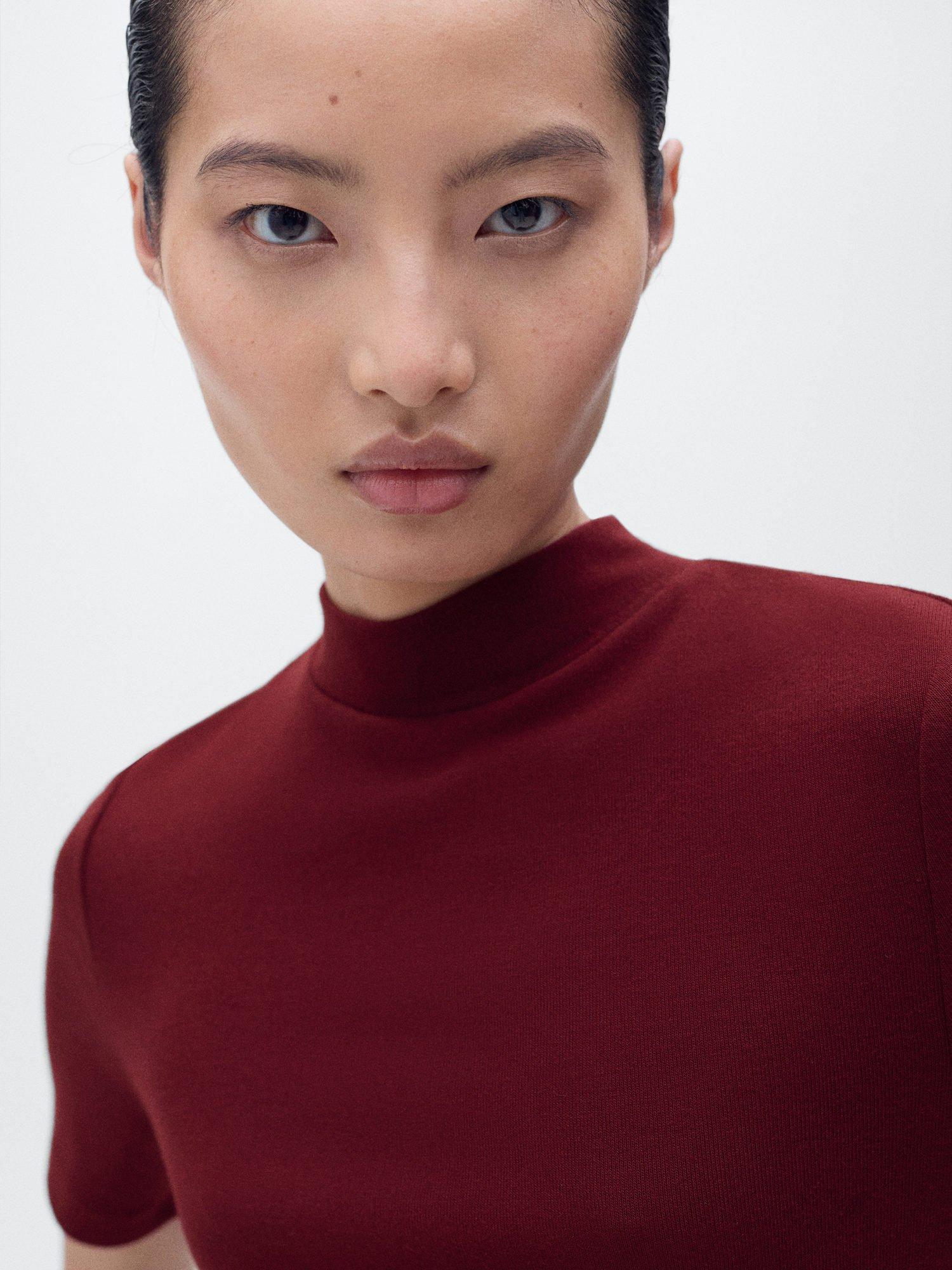 Product image 6 of 7, which shows Mango Bima Short Sleeve High Neck Mini Dress, Dark Red, 6