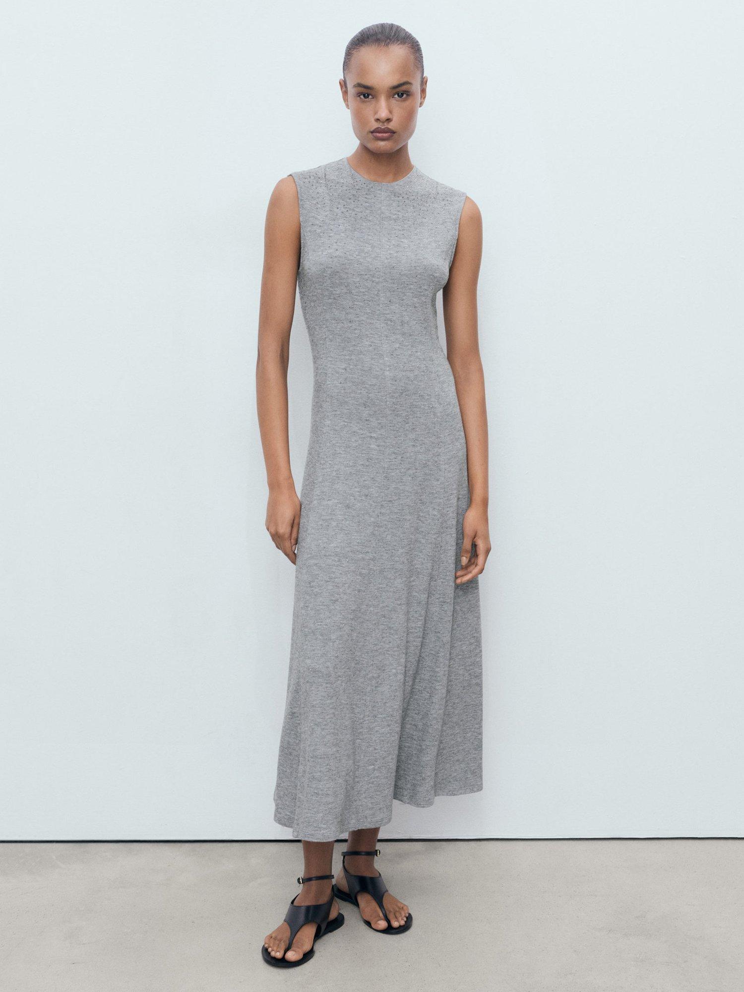 Product image 1 of 8, which shows Mango Brilli Sleeveless Crew Neck Midi Dress, Dark Grey, 10