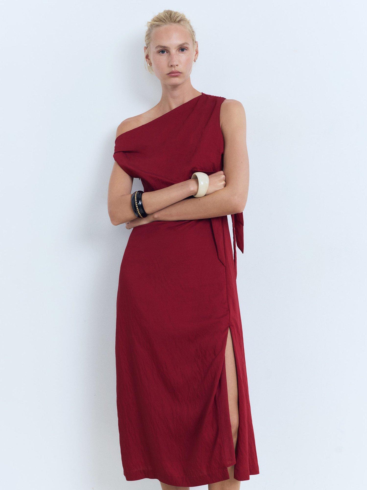 Product image 1 of 8, which shows Mango Asymmetrical Knotted Dress, Dark Red, 10