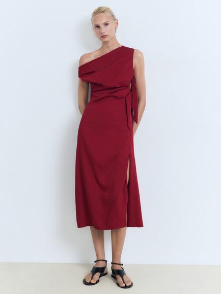 Mango Asymmetrical Knotted Dress, Dark Red - view 2, Dark Red