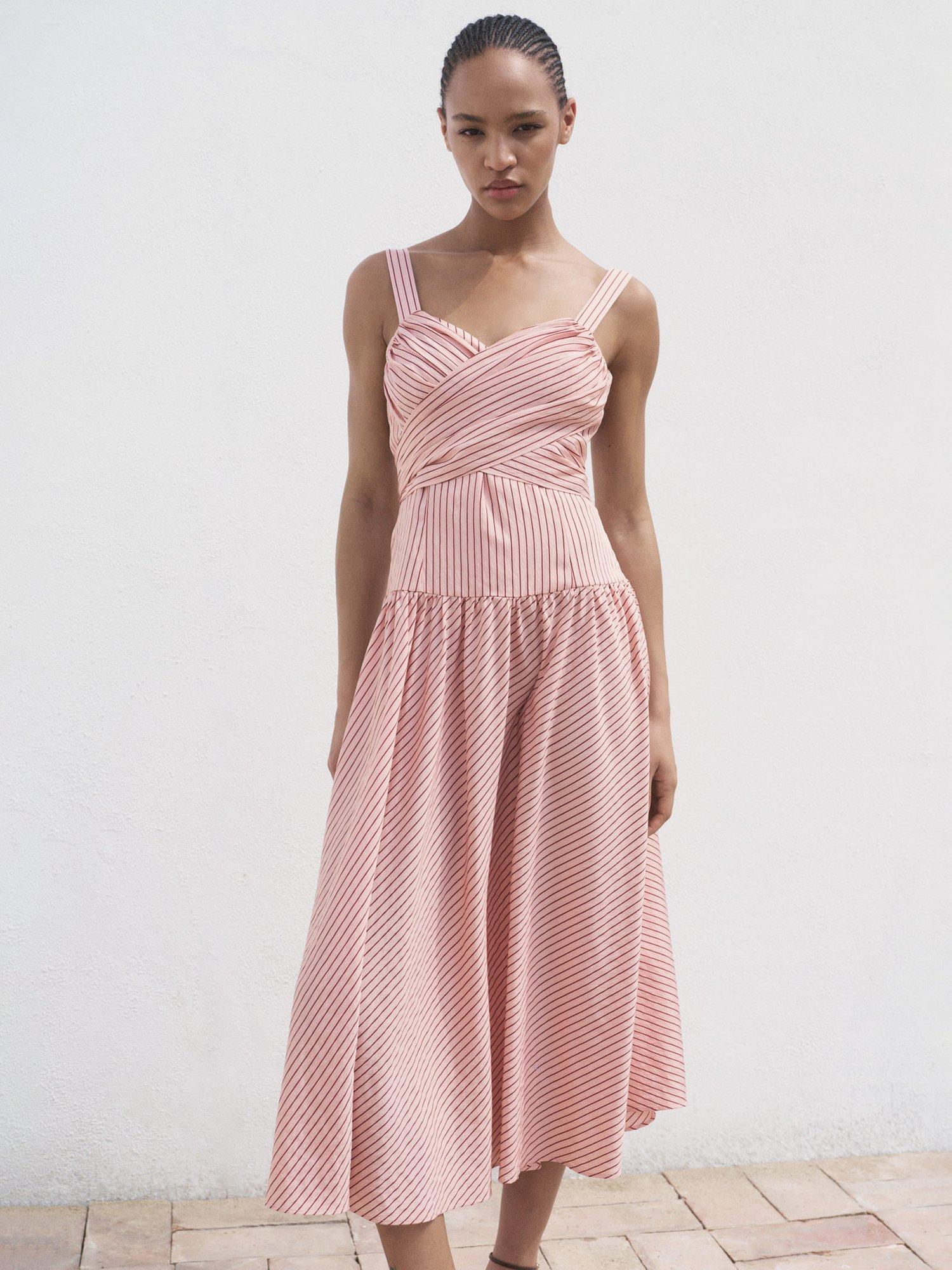 Product image 1 of 8, which shows Mango Penelope Stripe Cross Front Dress, Pink, 10