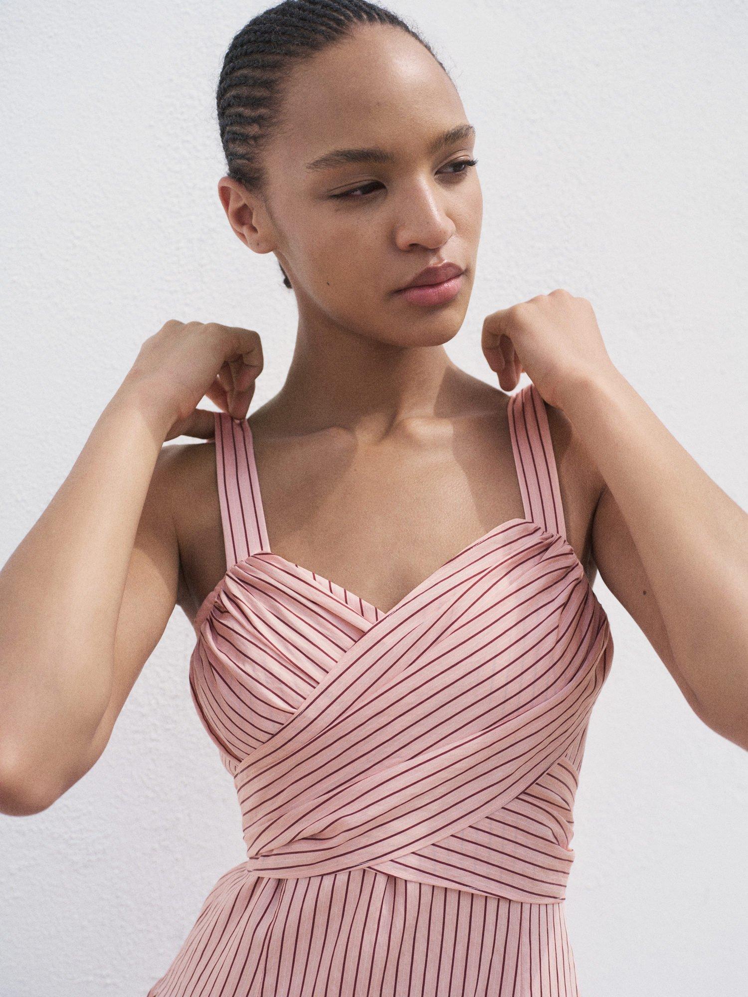 Product image 6 of 8, which shows Mango Penelope Stripe Cross Front Dress, Pink, 10