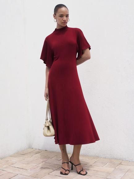 Mango Vicky Bell Sleeve Midi Dress, Dark Red, Dark Red