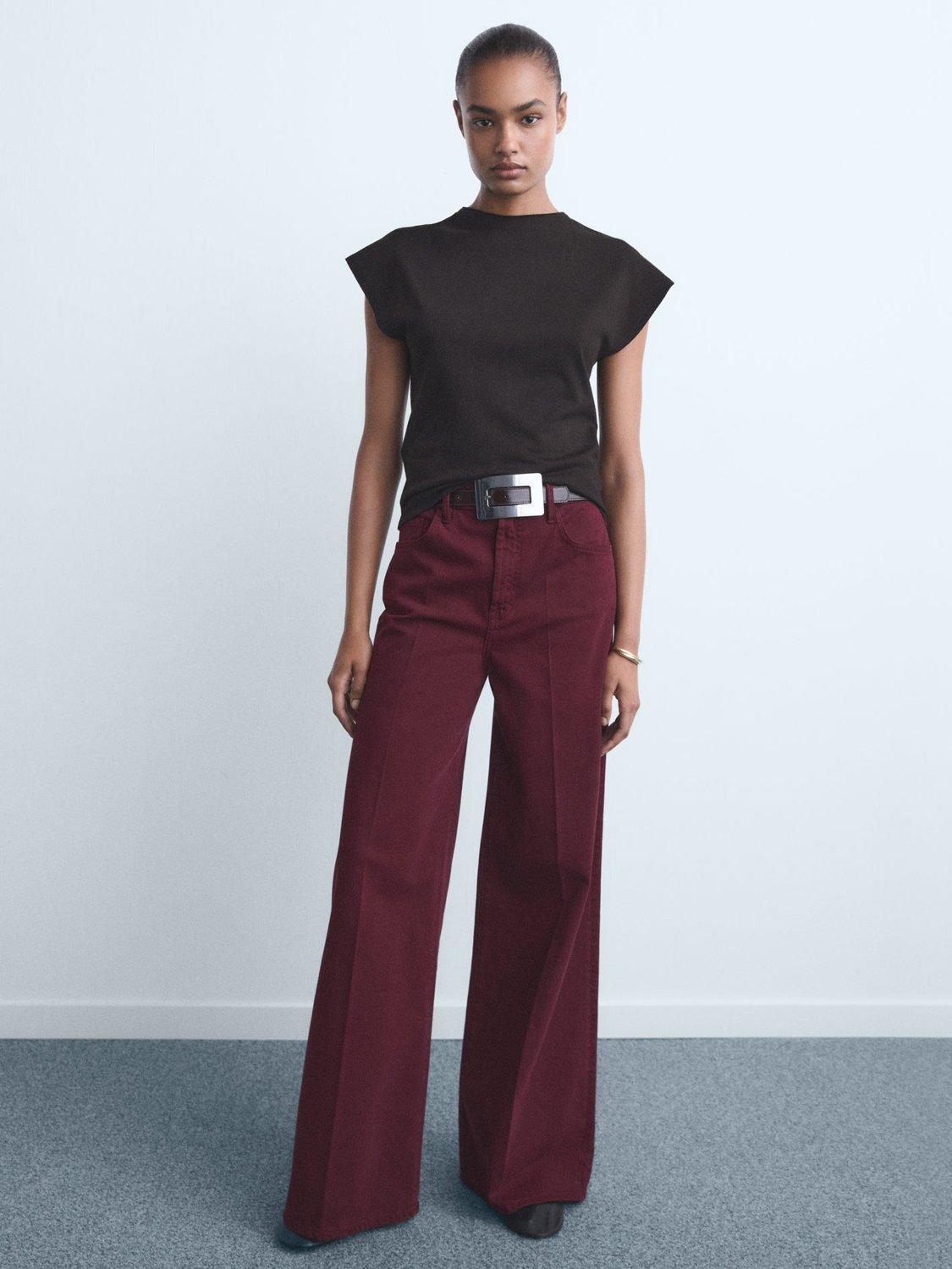 Product image 2 of 7, which shows Mango Elise Mid Rise Wide Leg Jeans, Dark Red, 6