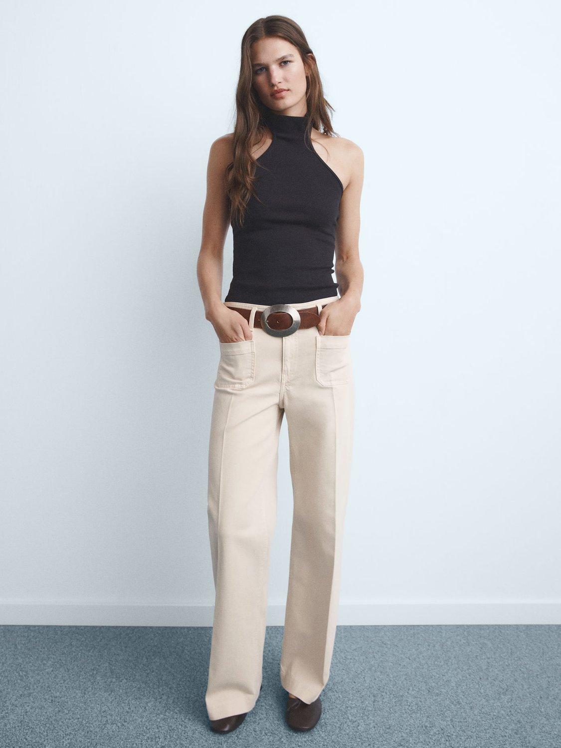 Product image 2 of 8, which shows Mango Jessie Patch Pocket Wide Leg Jeans, Beige, 4
