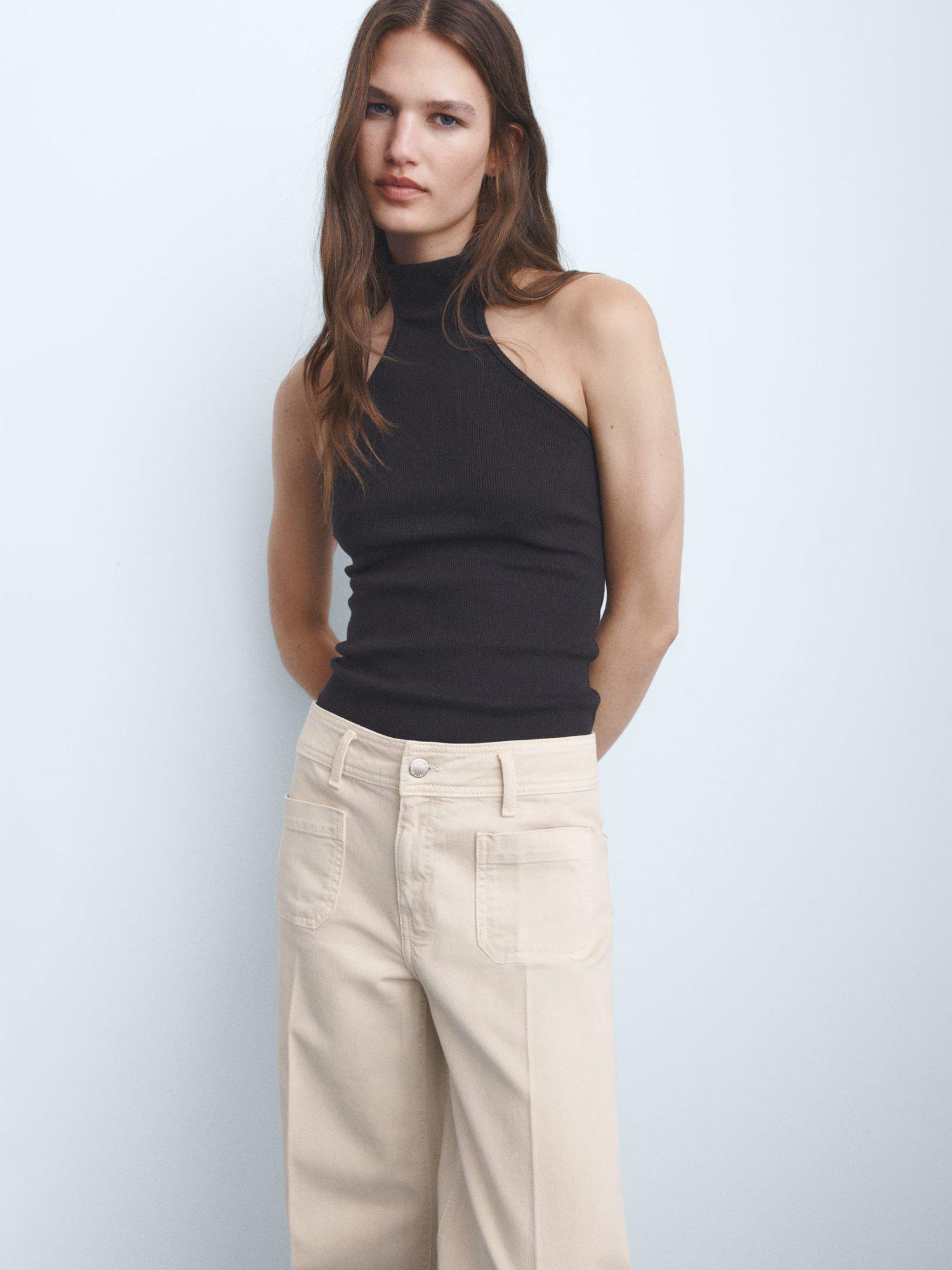 Product image 6 of 8, which shows Mango Jessie Patch Pocket Wide Leg Jeans, Beige, 4