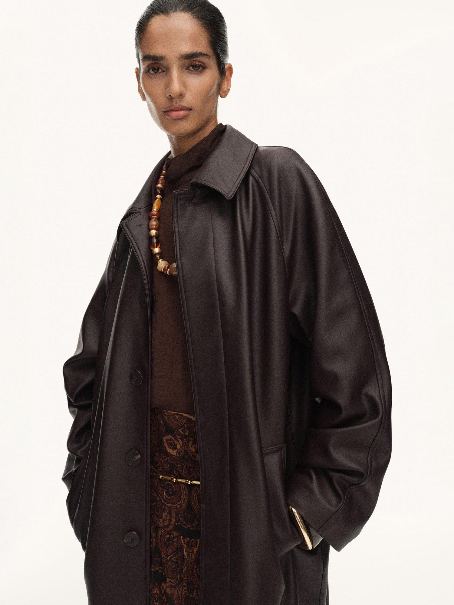 Product image 1 of 7, which shows Mango Taylor Faux Leather Trench Coat, Dark Brown, S