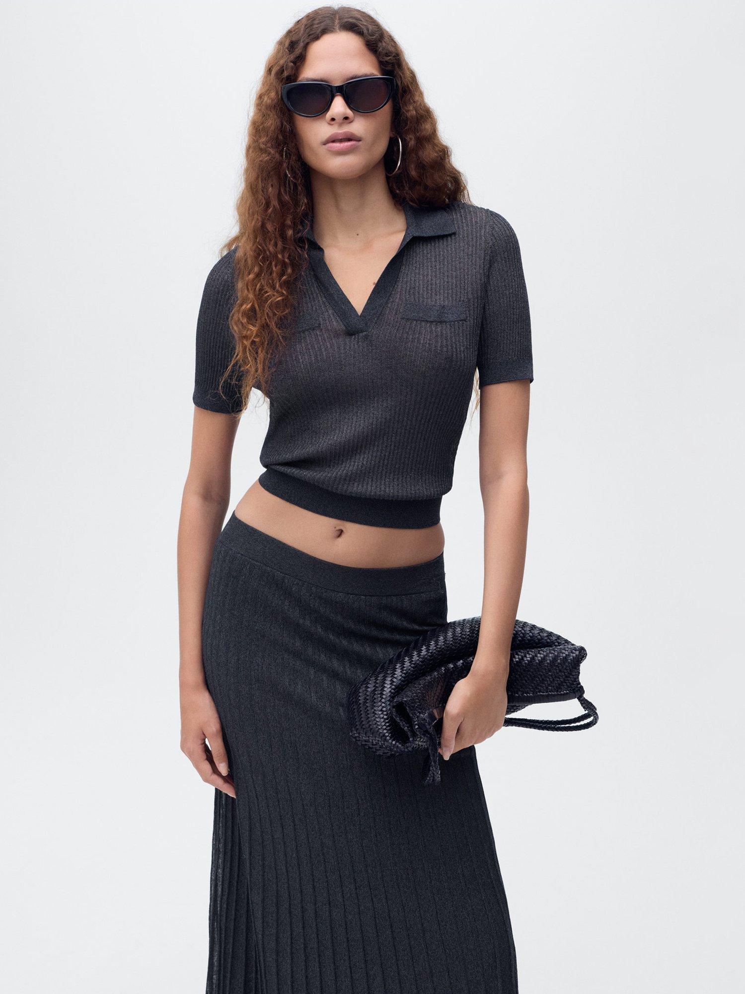 Product image 1 of 8, which shows Mango Gossip Collared Knit Top, Navy, L