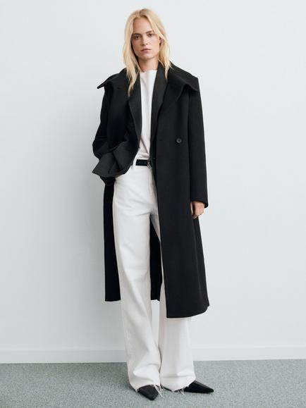 Mango Sirenita Wool Blend Funnel Neck Overcoat, Black