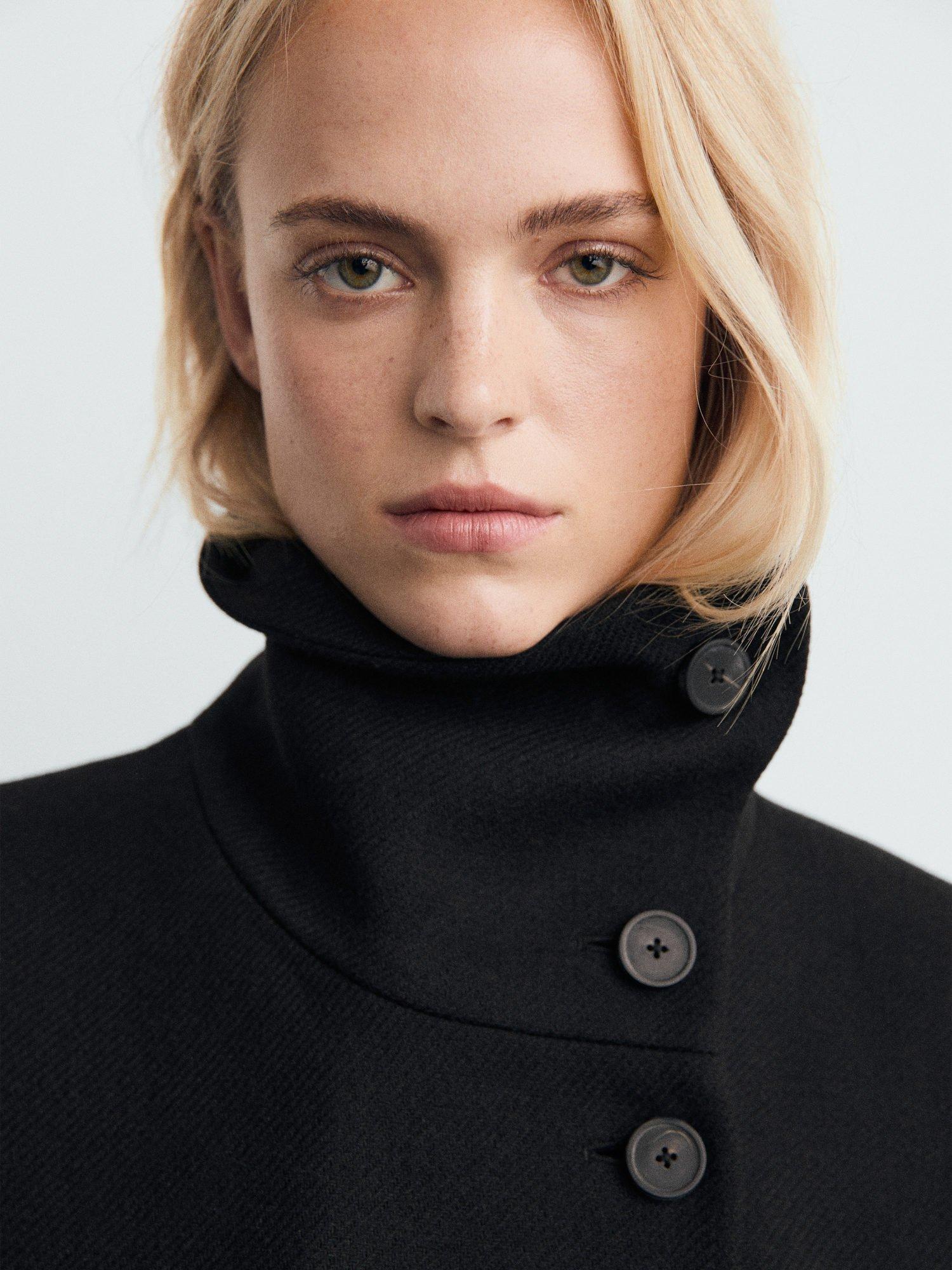 Product image 6 of 9, which shows Mango Sirenita Wool Blend Funnel Neck Overcoat, Black, XXXL