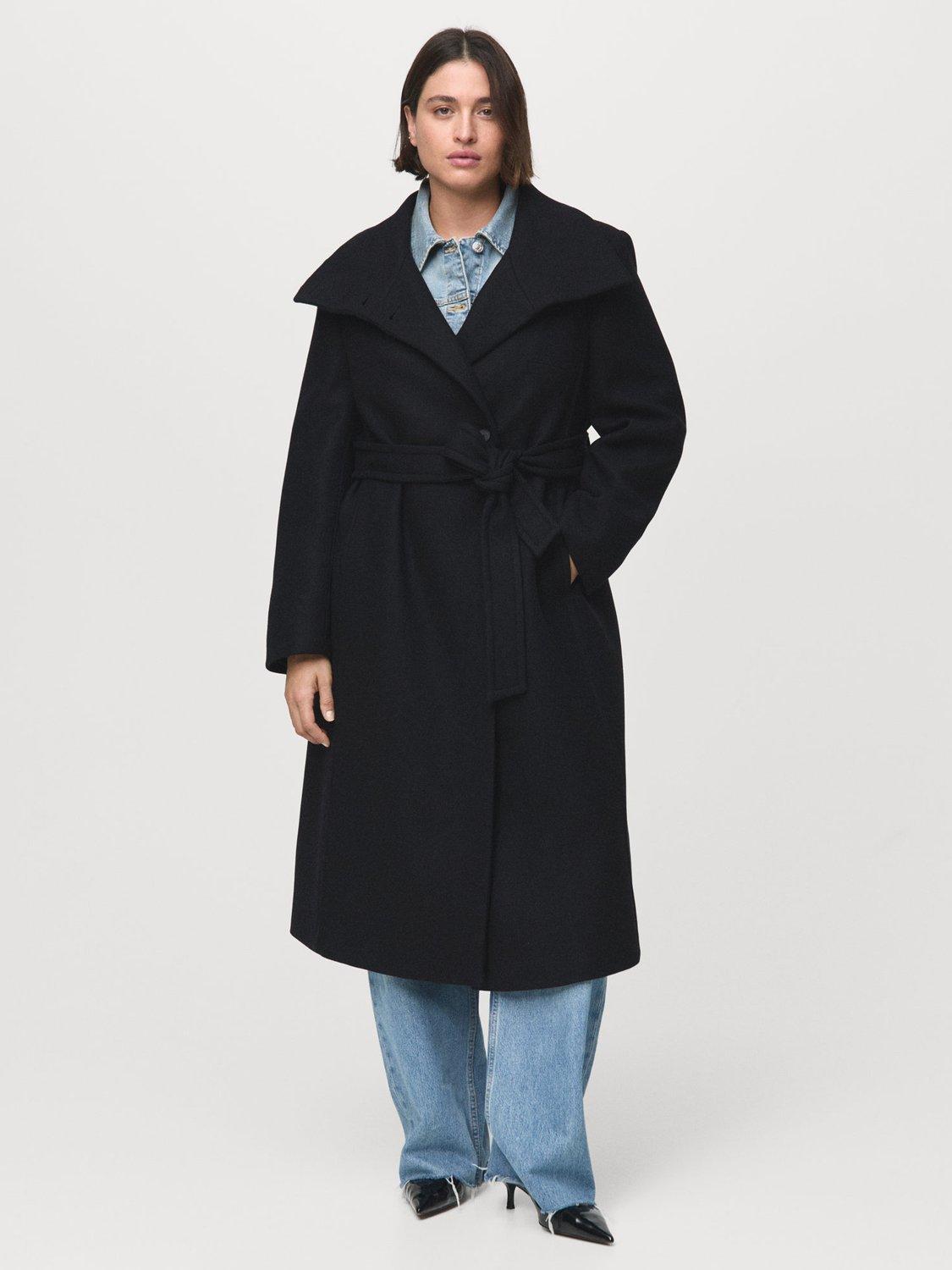 Product image 8 of 9, which shows Mango Sirenita Wool Blend Funnel Neck Overcoat, Black, XXXL