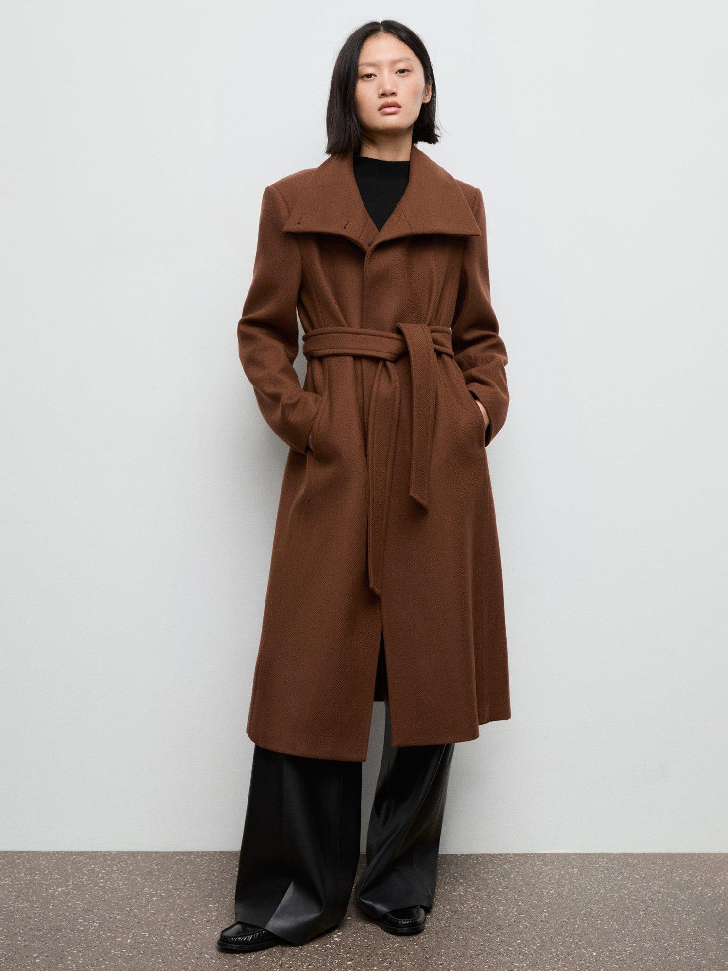 Product image 1 of 9, which shows Mango Sirenita Wool Blend Funnel Neck Overcoat, Medium Brown, XXXL