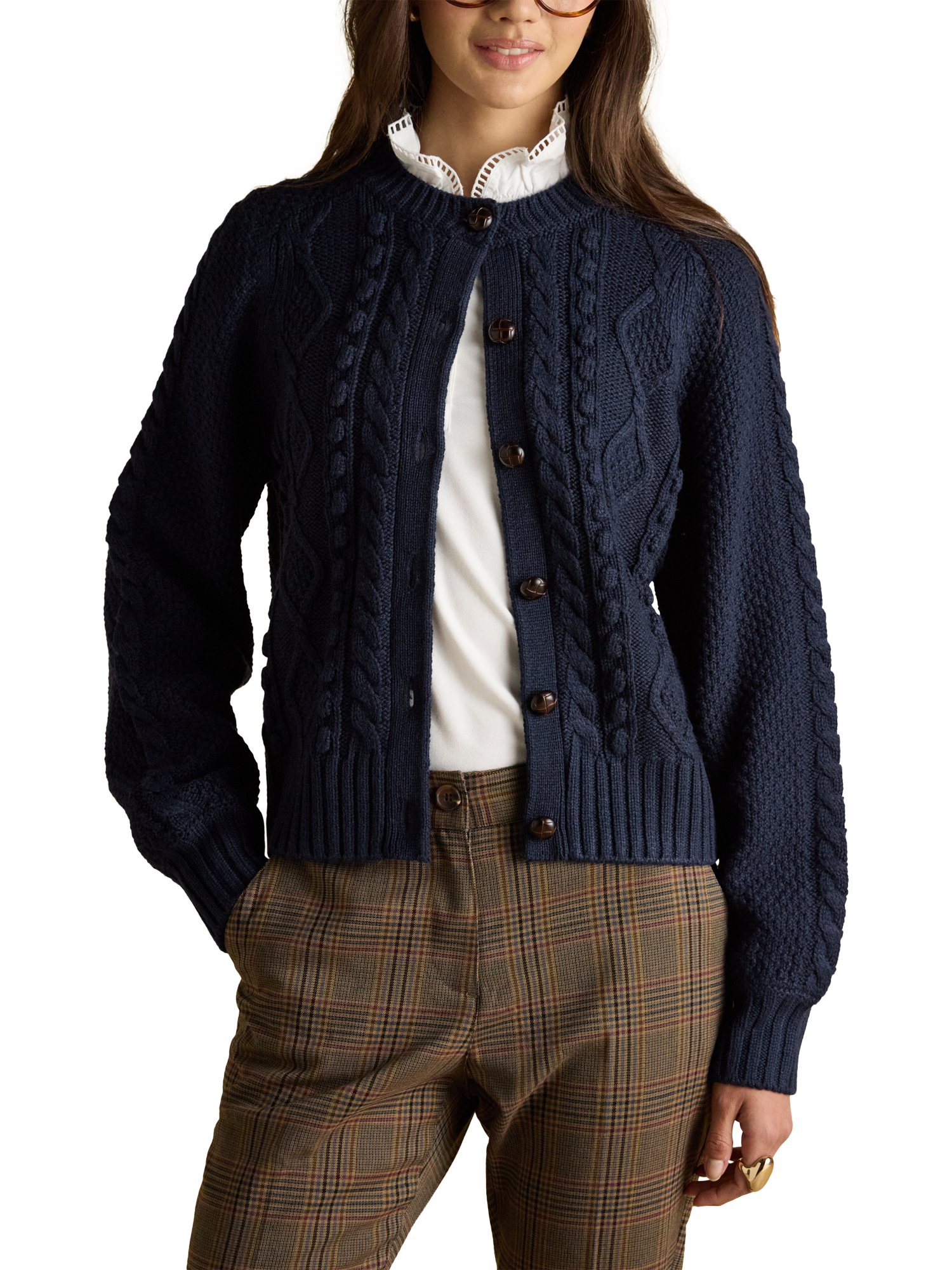 Product image 1 of 8, which shows Joules Crew Neck Cable Knit Cardigan, Navy, XS