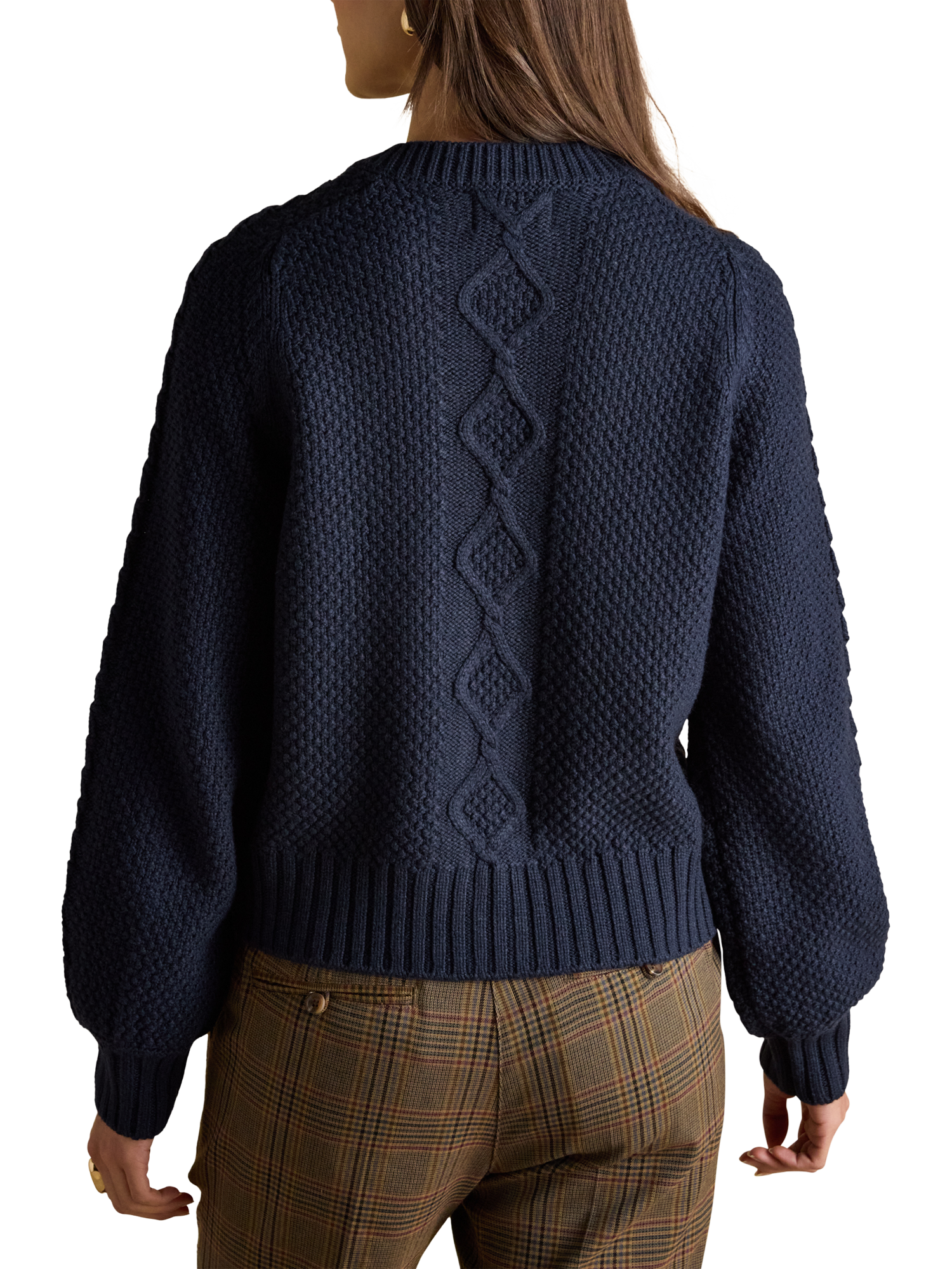 Product image 3 of 8, which shows Joules Crew Neck Cable Knit Cardigan, Navy, XS