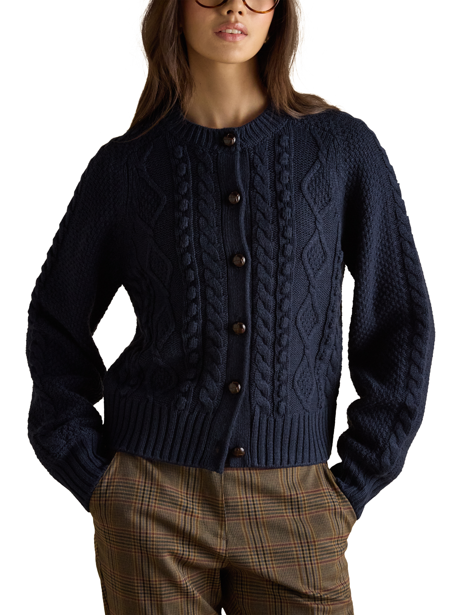 Product image 5 of 8, which shows Joules Crew Neck Cable Knit Cardigan, Navy, XS