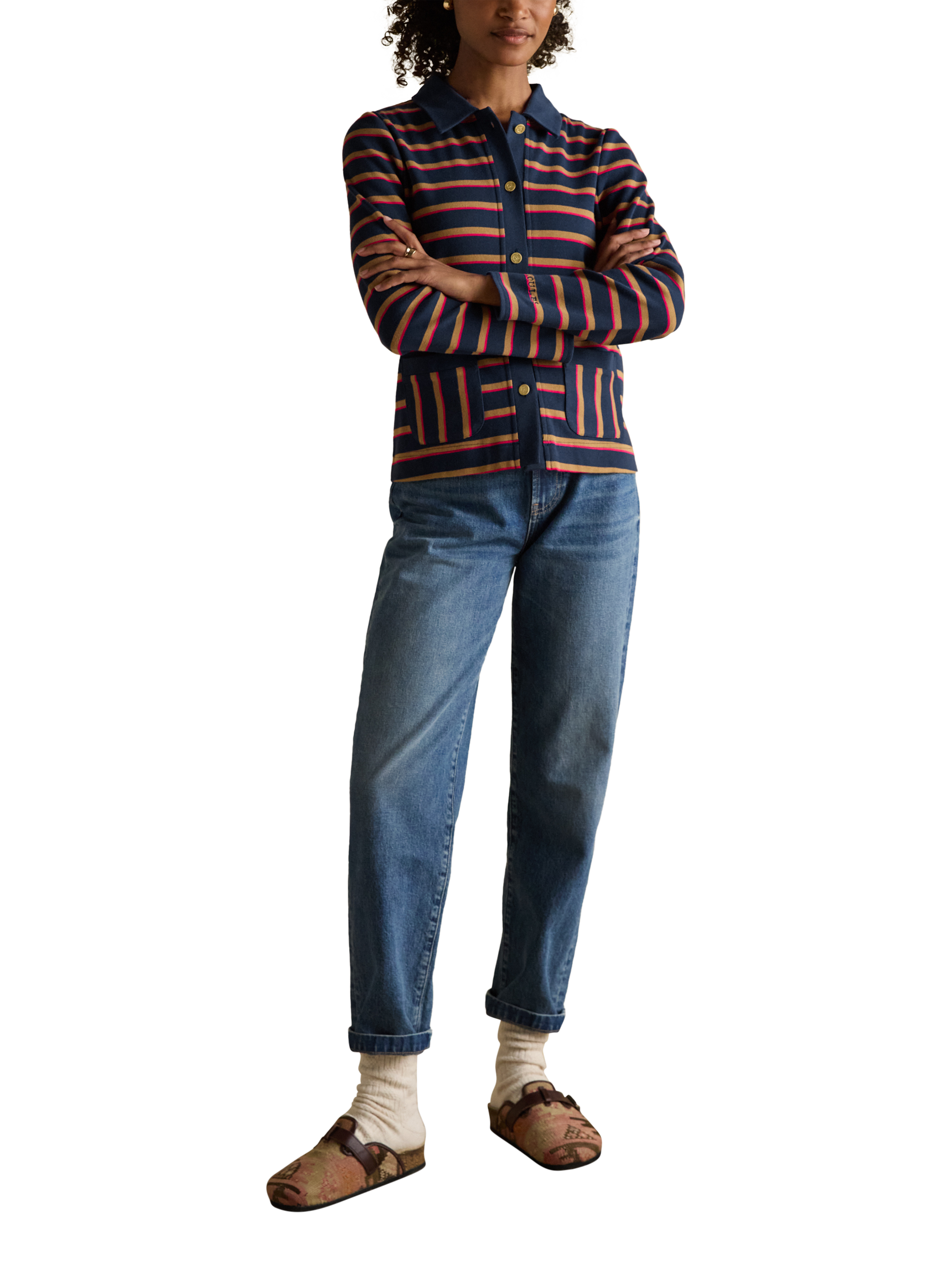 Product image 1 of 8, which shows Joules Contrast Collar Stripe Cardigan, Blue/Multi, 6