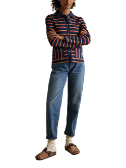 Joules Contrast Collar Stripe Cardigan, Blue/Multi, Blue/Multi