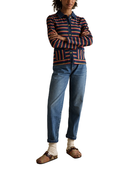 Joules Contrast Collar Stripe Cardigan, Blue/Multi, Blue/Multi