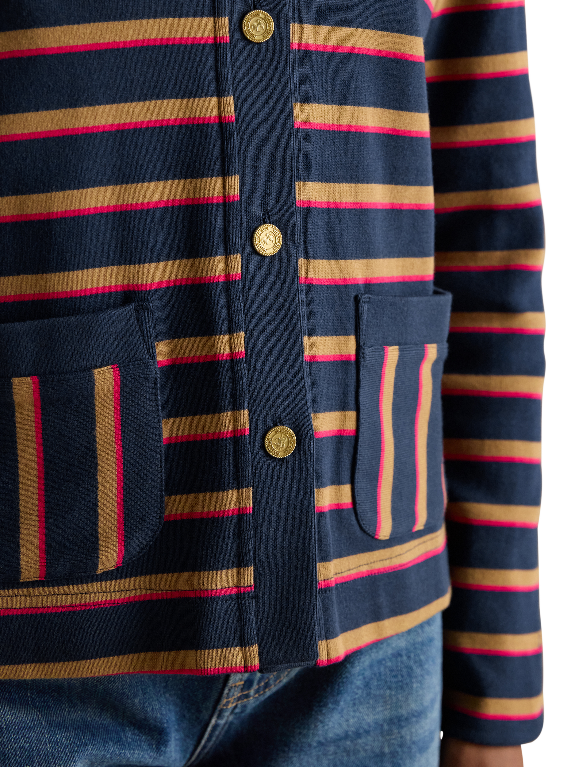 Product image 3 of 8, which shows Joules Contrast Collar Stripe Cardigan, Blue/Multi, 6