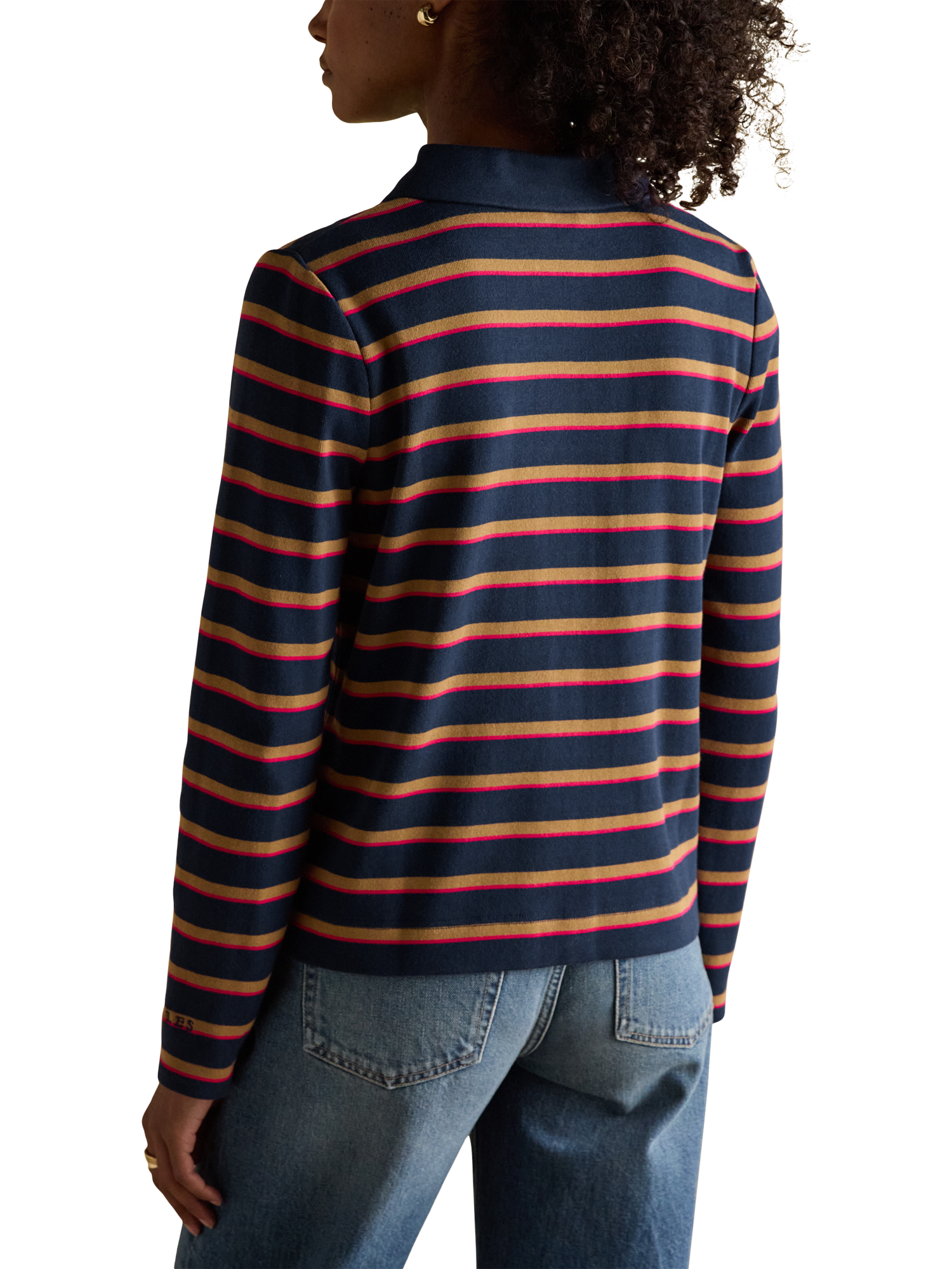 Product image 4 of 8, which shows Joules Contrast Collar Stripe Cardigan, Blue/Multi, 6