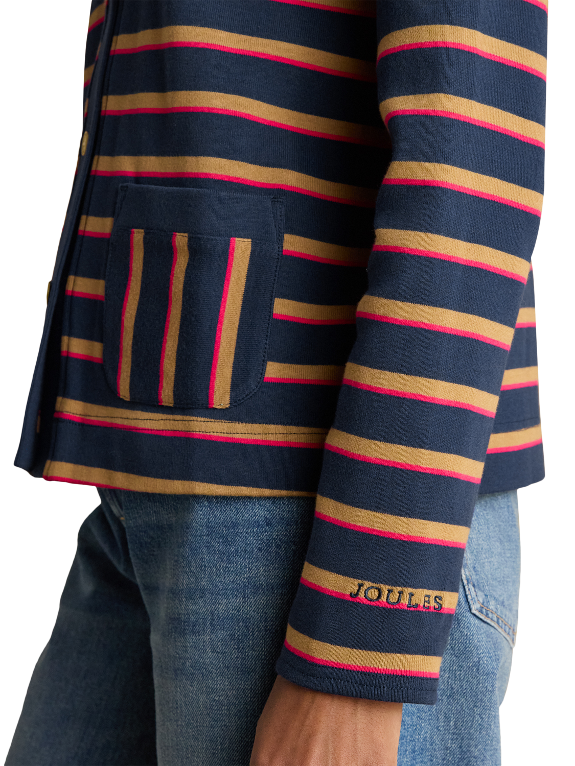 Product image 5 of 8, which shows Joules Contrast Collar Stripe Cardigan, Blue/Multi, 6