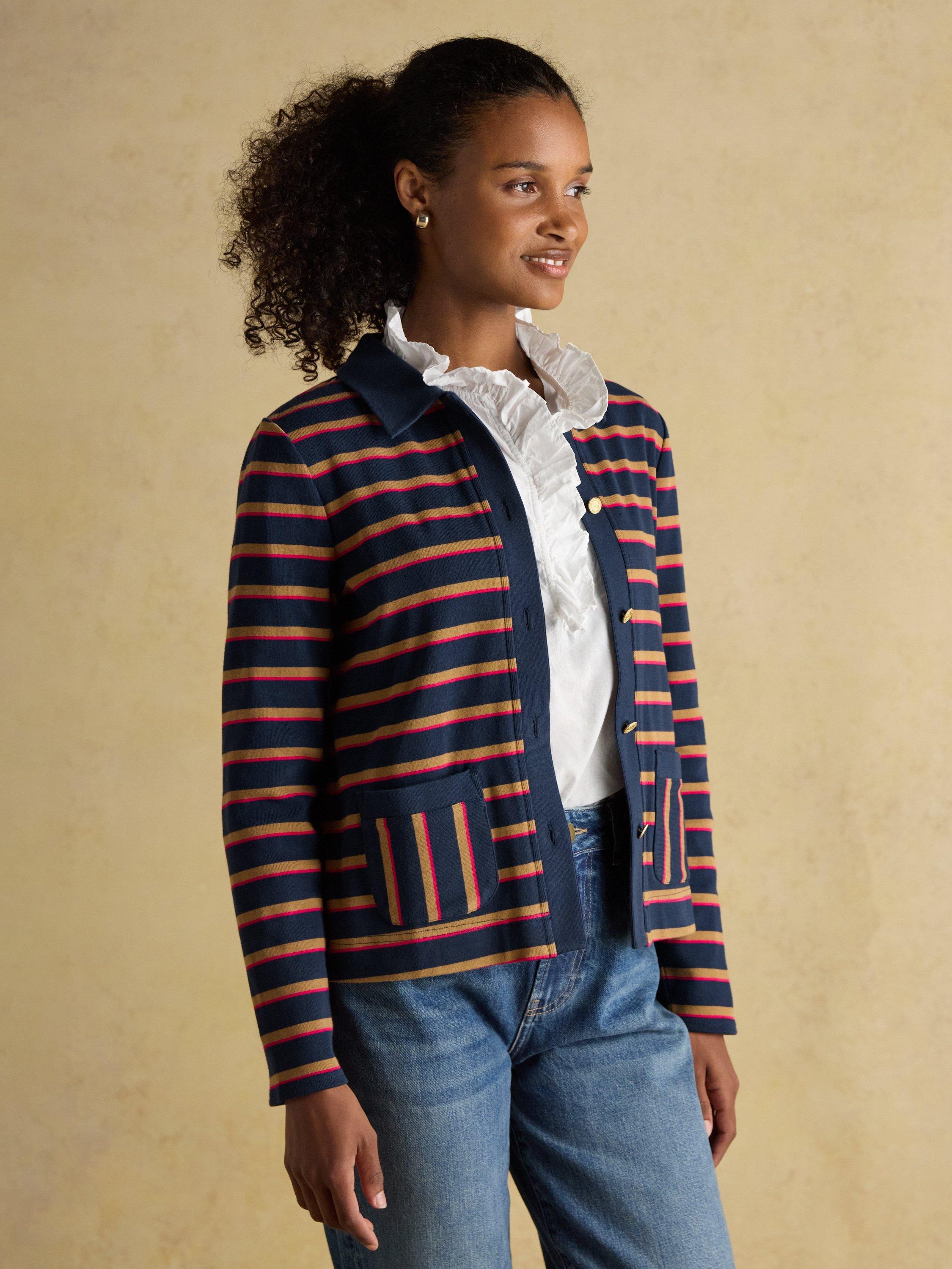 Product image 6 of 8, which shows Joules Contrast Collar Stripe Cardigan, Blue/Multi, 6