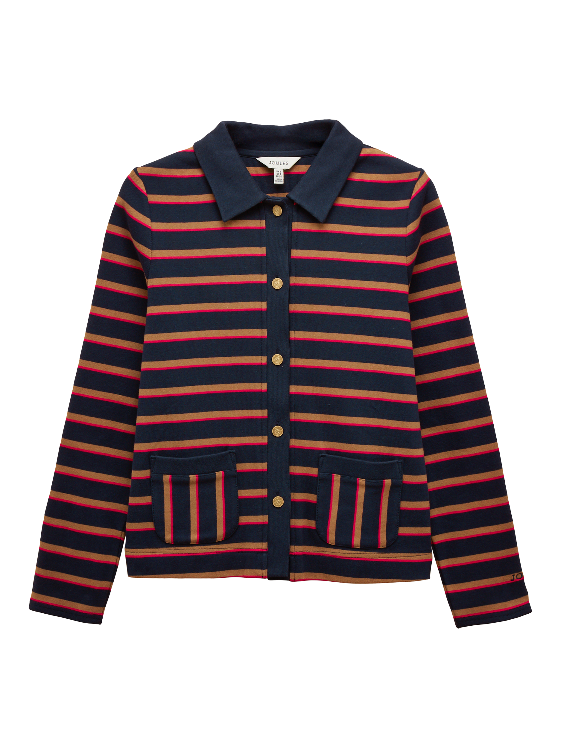 Product image 7 of 8, which shows Joules Contrast Collar Stripe Cardigan, Blue/Multi, 6
