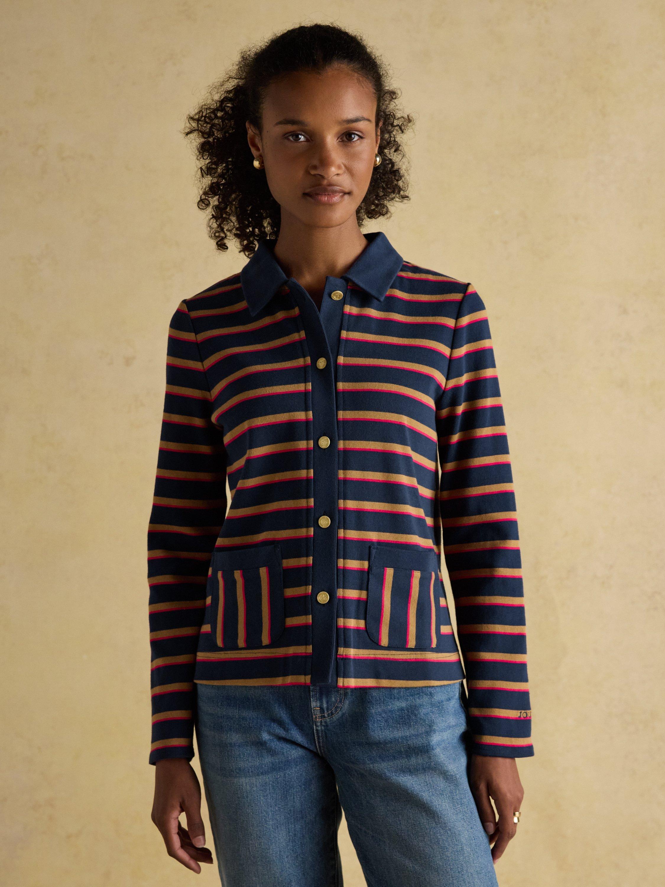 Product image 8 of 8, which shows Joules Contrast Collar Stripe Cardigan, Blue/Multi, 6