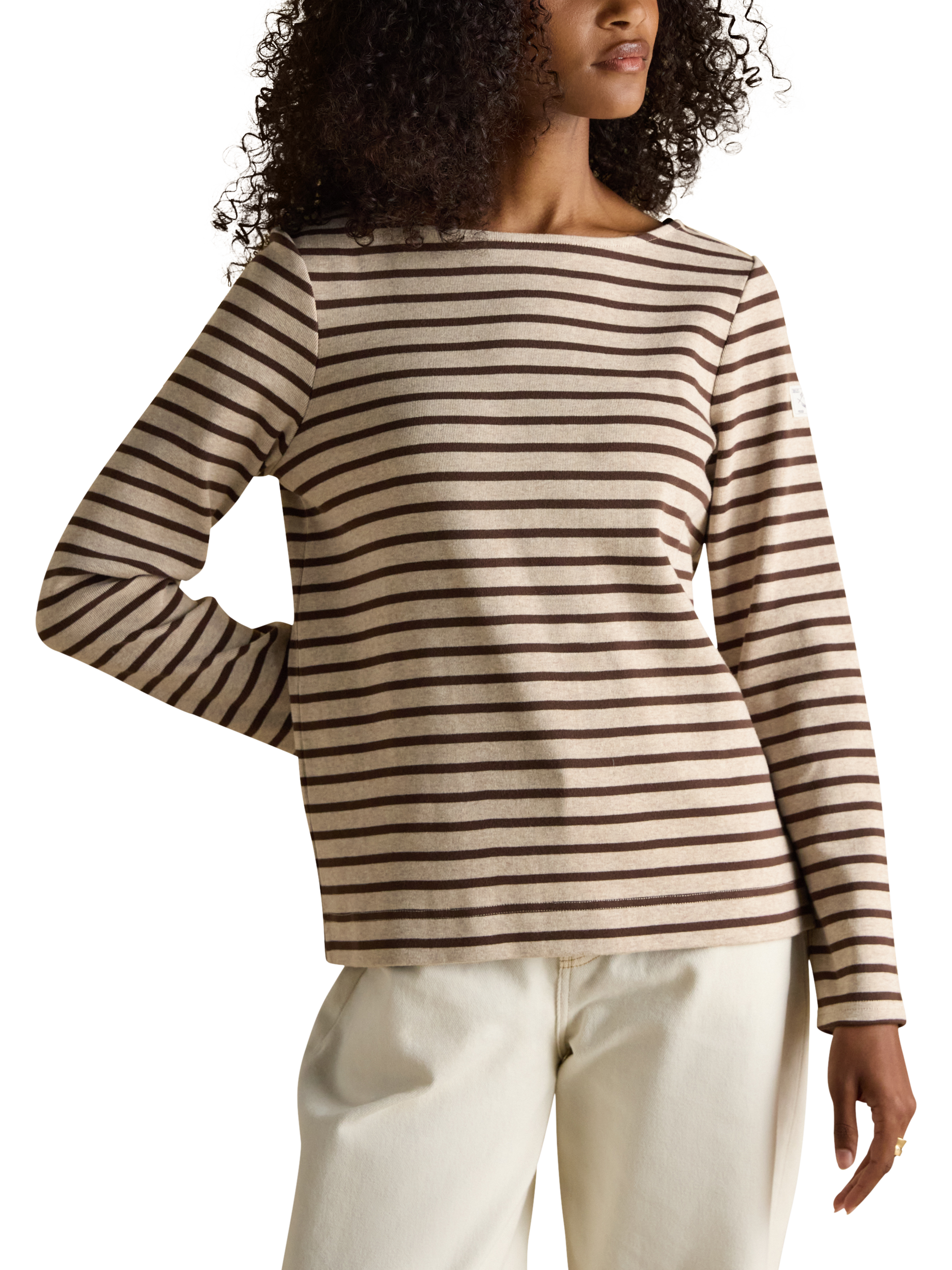Product image 1 of 8, which shows Joules Classic Harbour Stripe Top, Oat/Chocolate, 6