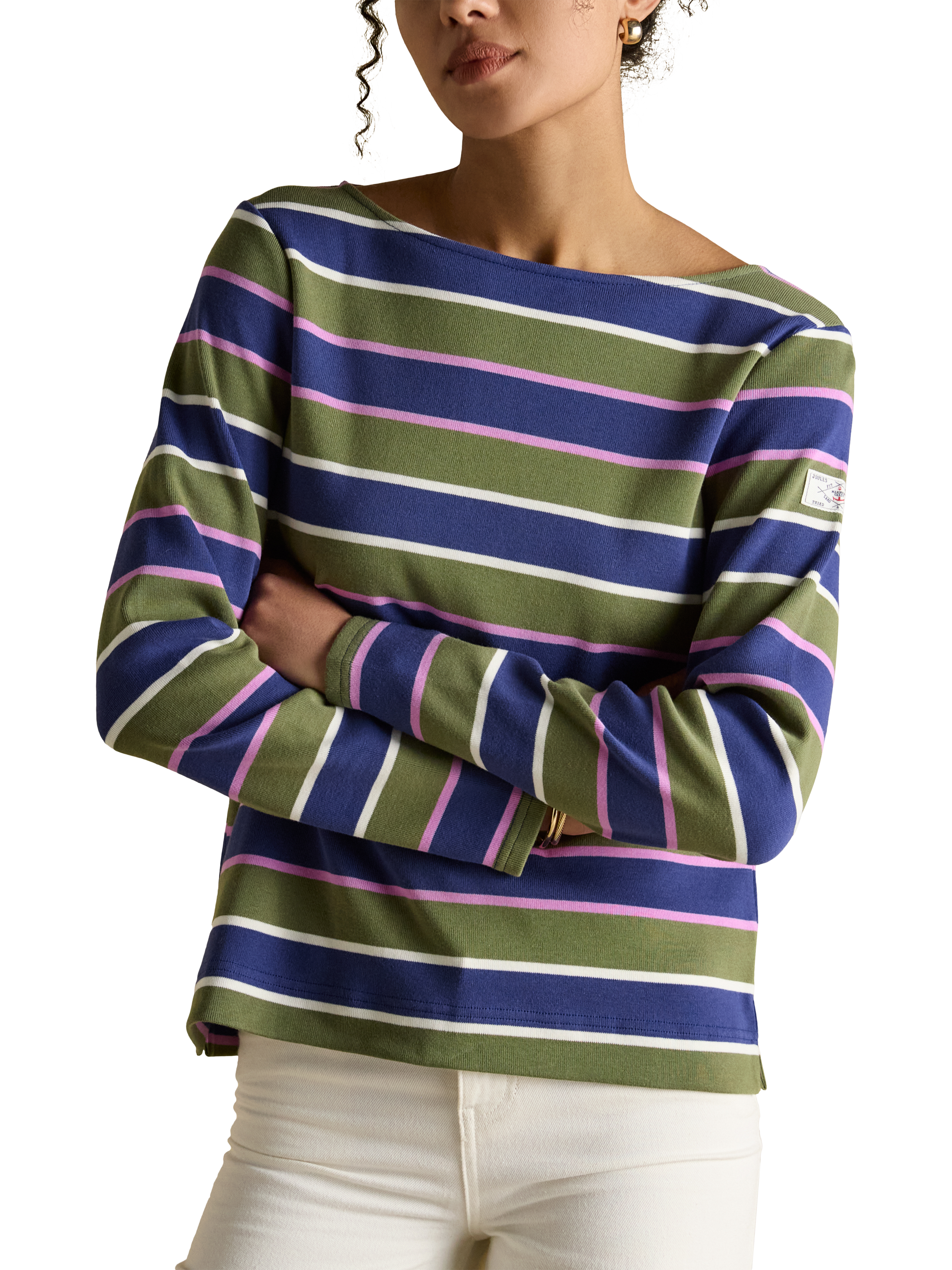Product image 2 of 7, which shows Joules Classic Harbour Stripe Top, Green/Multi, 6