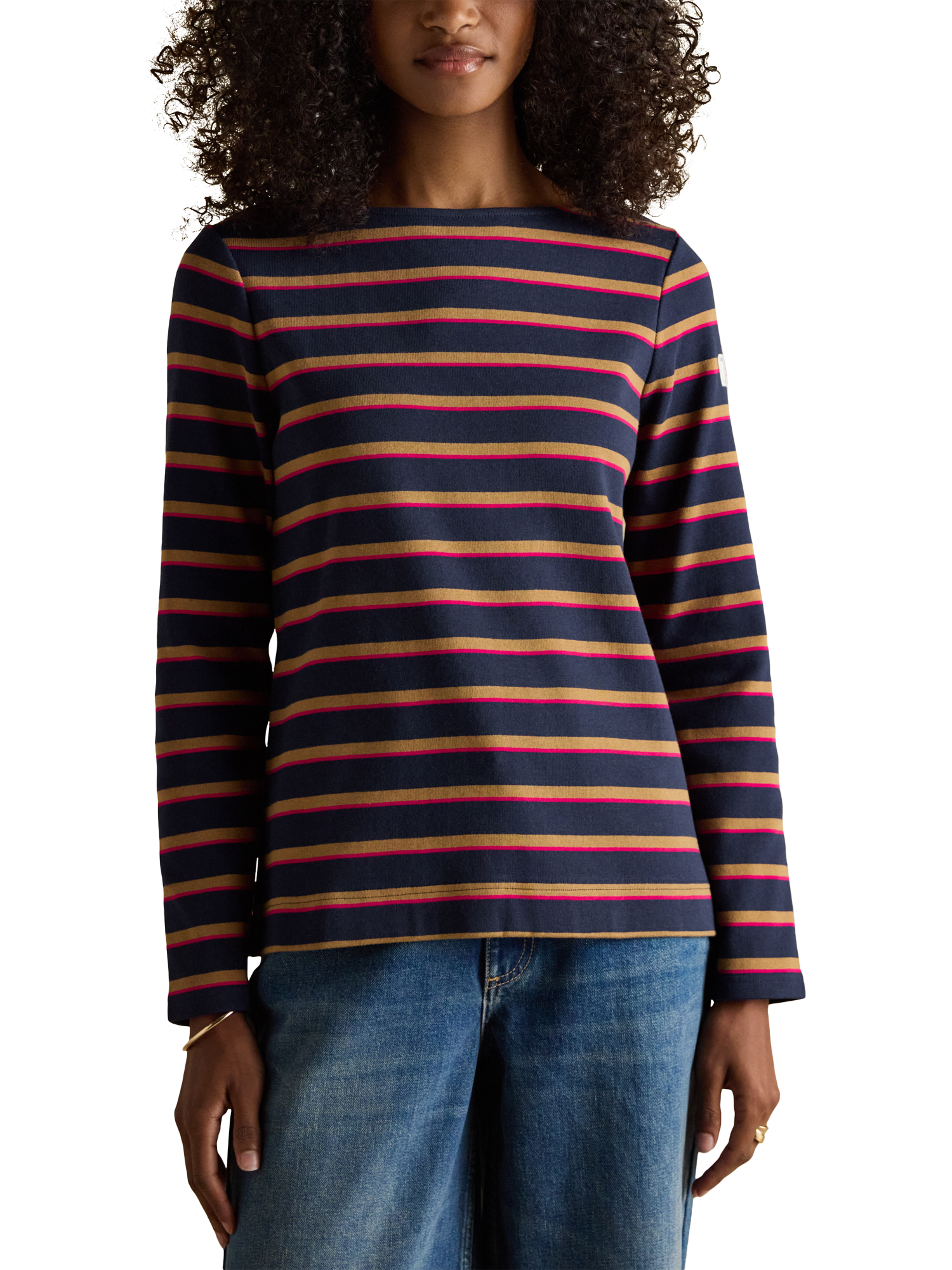 Product image 1 of 7, which shows Joules Classic Harbour Stripe Top, Navy/Tan, 6
