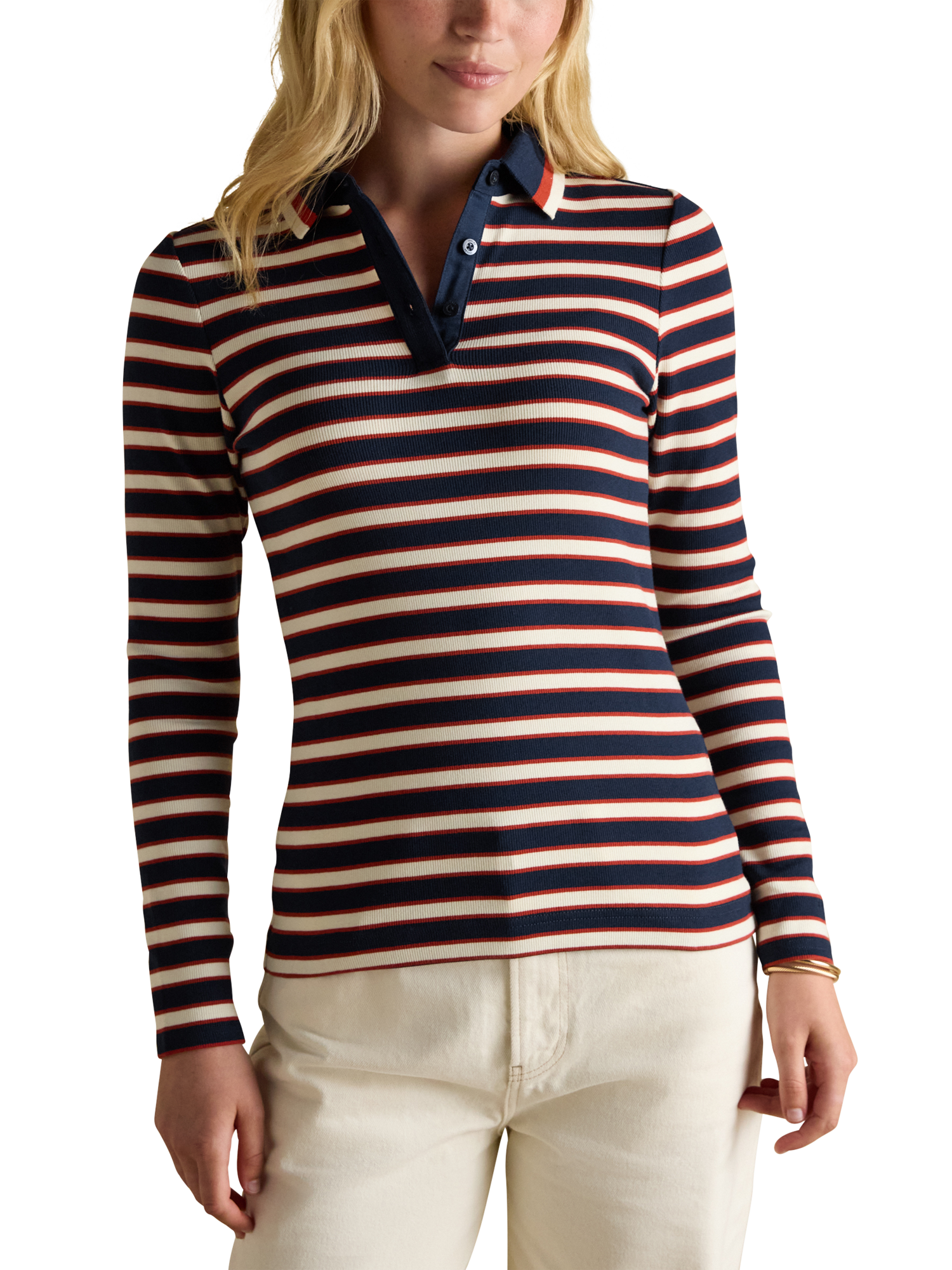 Product image 1 of 7, which shows Joules Fairfield Stripe Polo Shirt, Blue/Red, 14