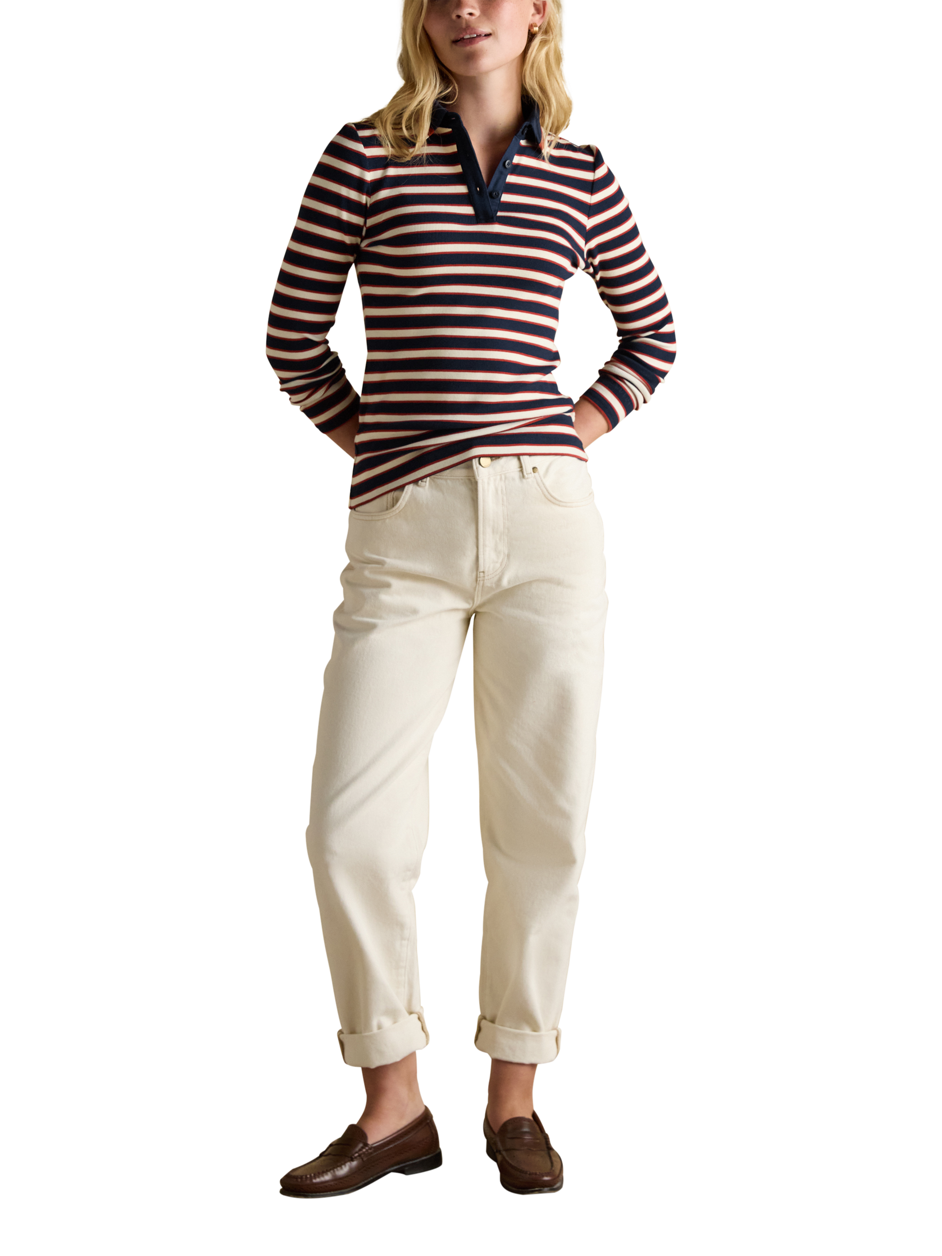 Product image 3 of 7, which shows Joules Fairfield Stripe Polo Shirt, Blue/Red, 14
