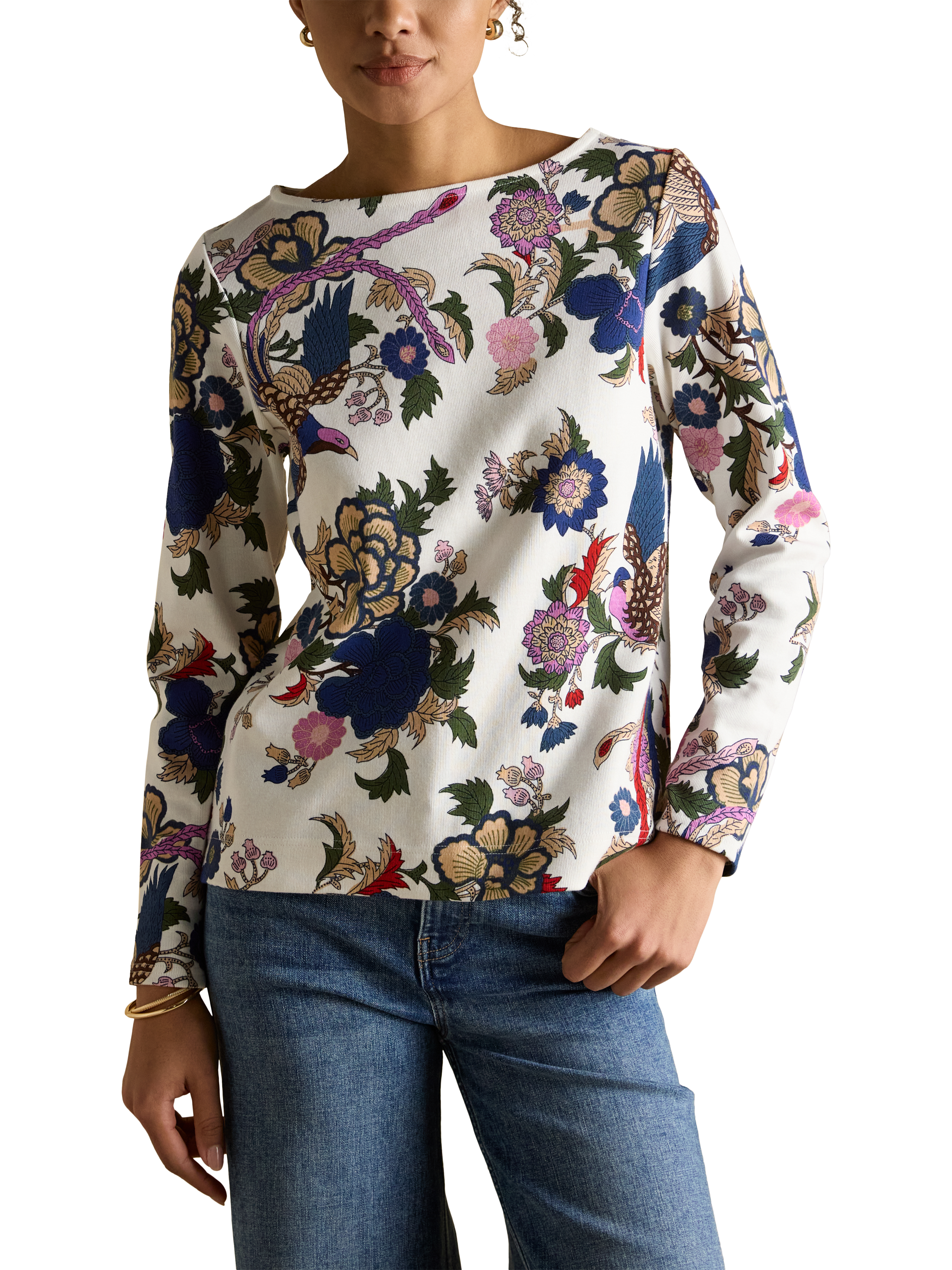 Product image 1 of 7, which shows Joules Classic Floral Long Sleeve Top, Cream/Multi, 6