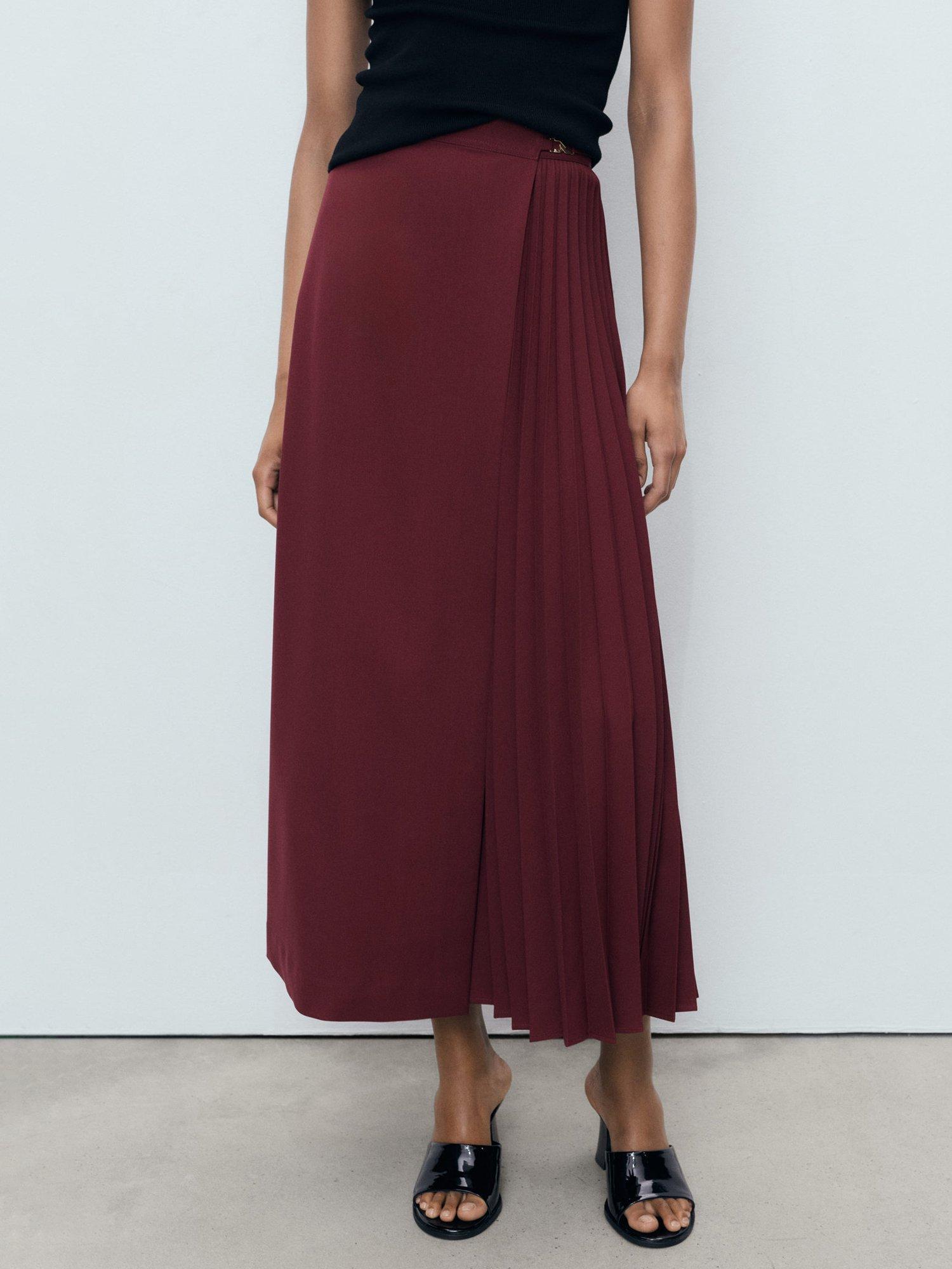Product image 1 of 7, which shows Mango Office Pleated Crossover Skirt, Dark Red, S
