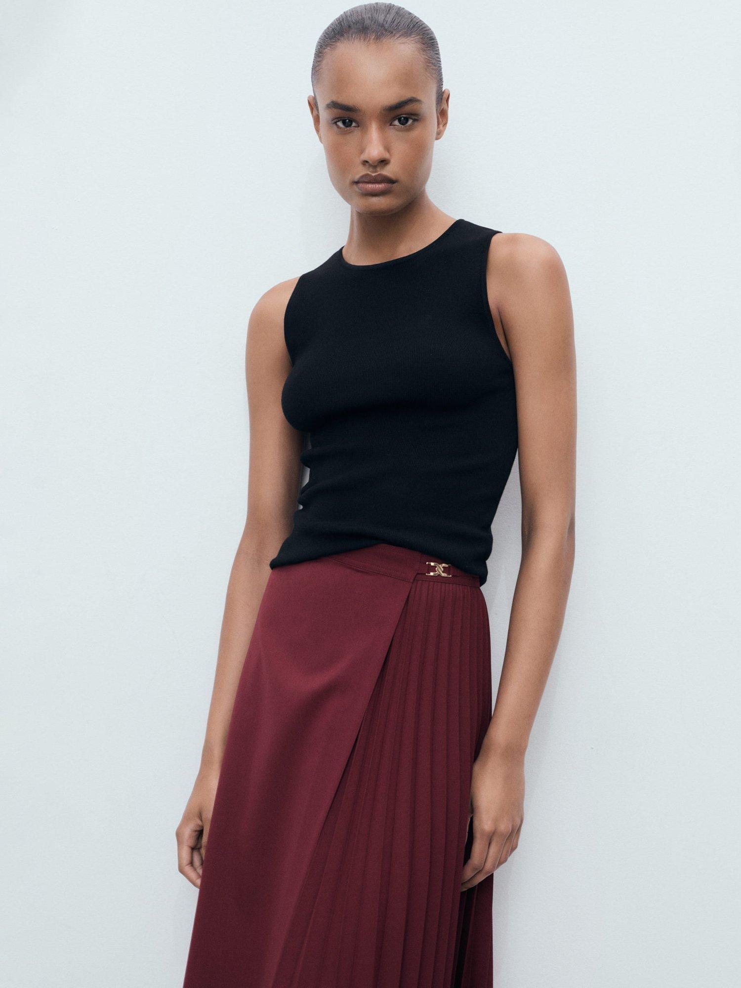 Product image 6 of 7, which shows Mango Office Pleated Crossover Skirt, Dark Red, S