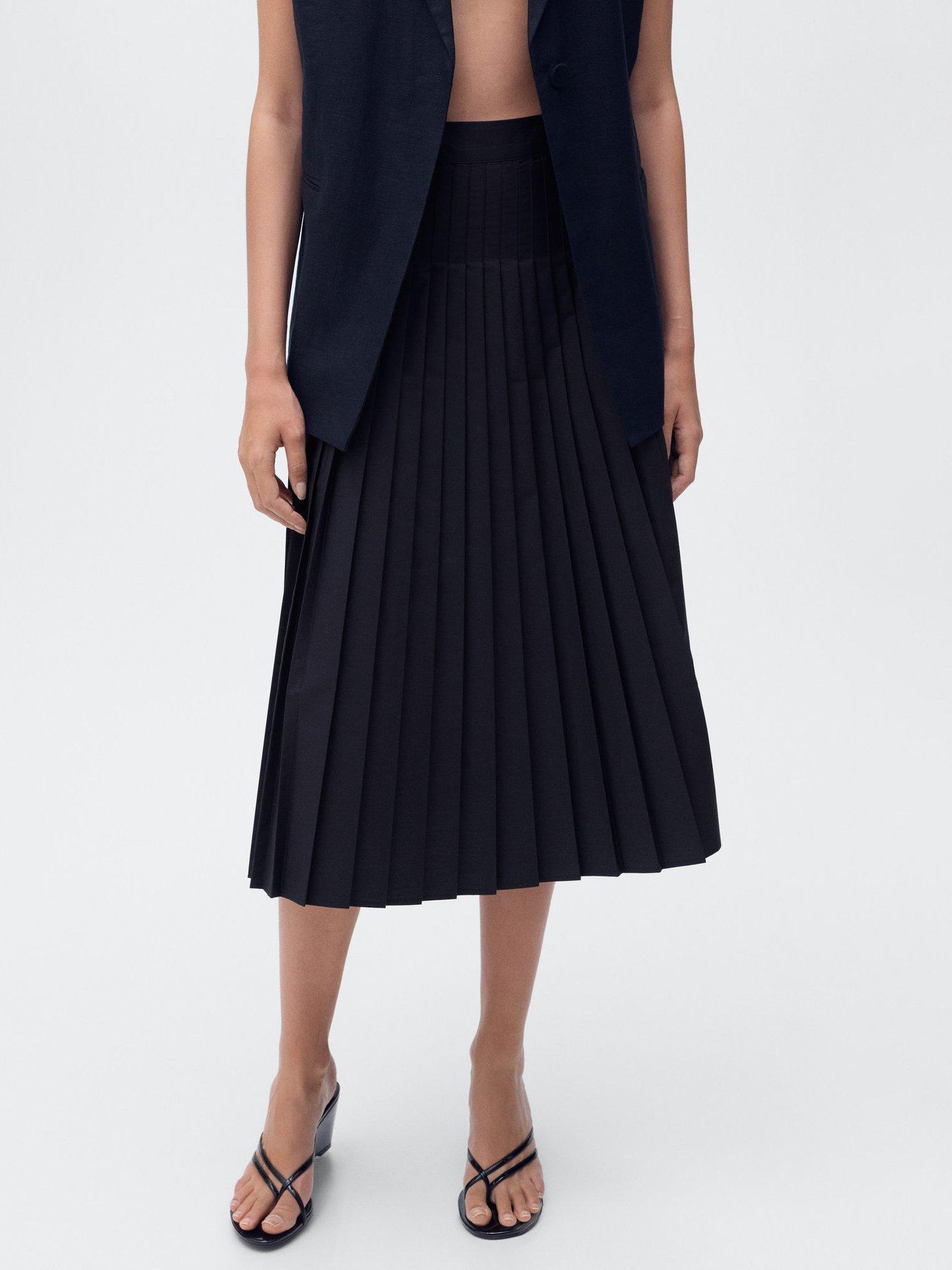 Product image 1 of 8, which shows Mango Pili Pleated Midi Skirt, Navy, XS