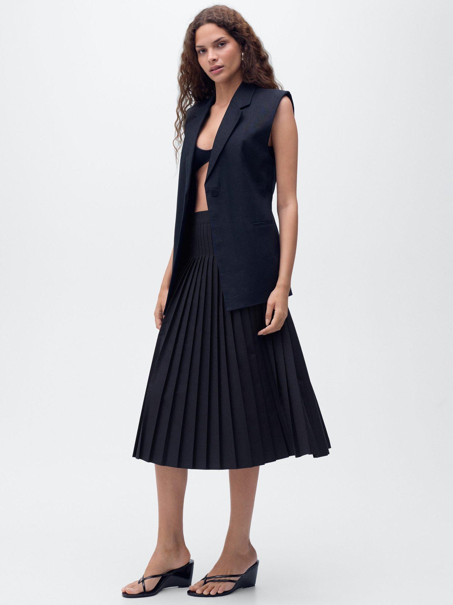Product image 2 of 8, which shows Mango Pili Pleated Midi Skirt, Navy, XS