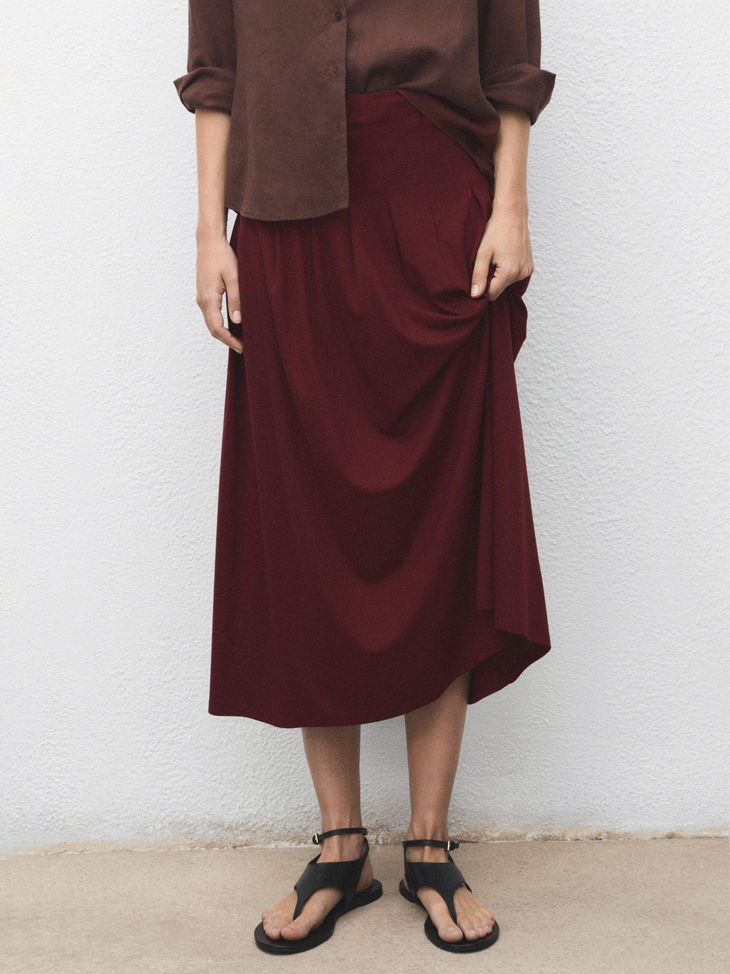 Product image 1 of 7, which shows Mango Tabla Gathered Midi Skirt, Dark Red, L