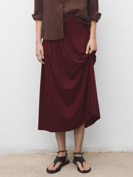Mango Tabla Gathered Midi Skirt, Dark Red, Dark Red