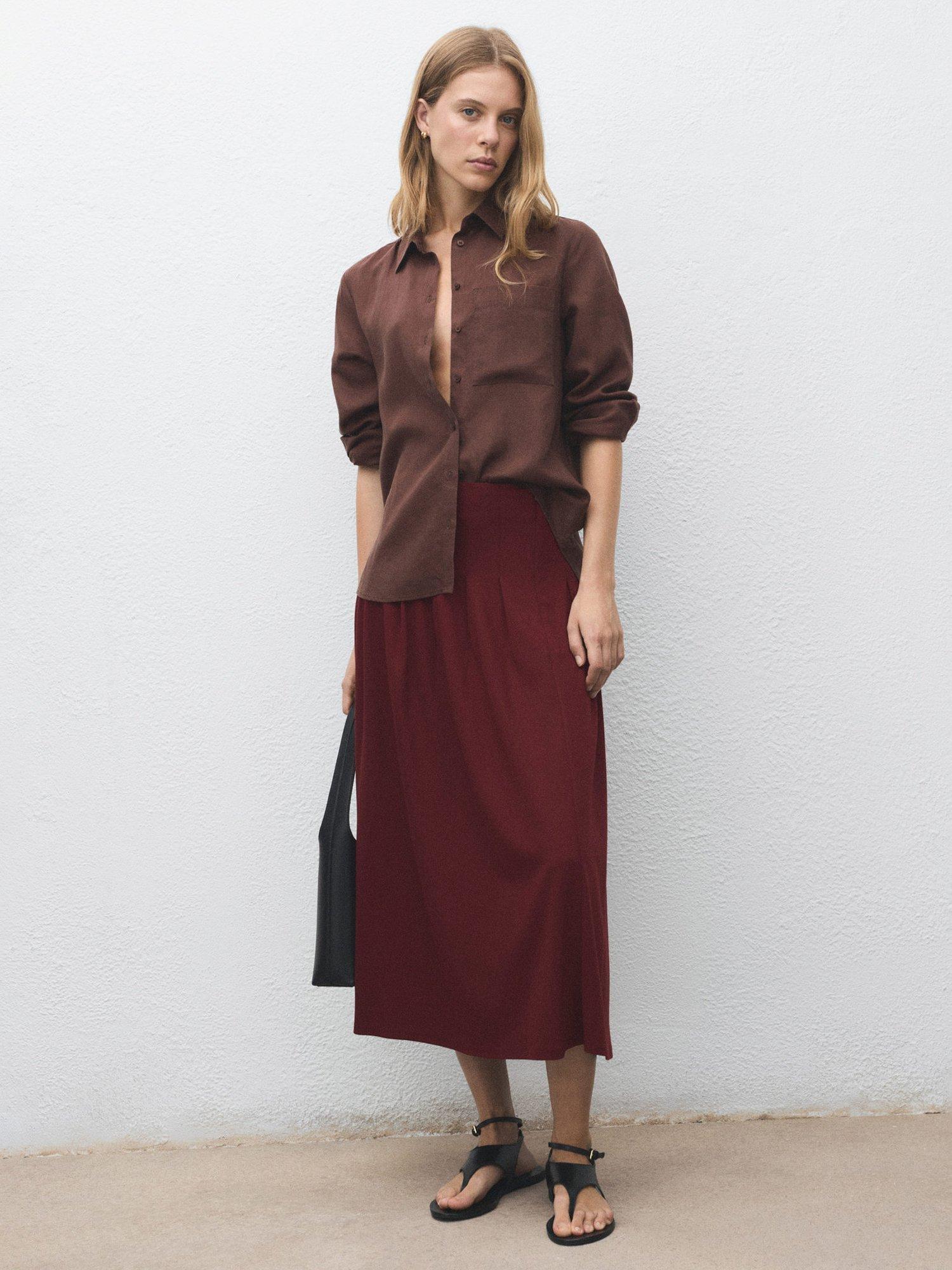 Product image 2 of 7, which shows Mango Tabla Gathered Midi Skirt, Dark Red, L