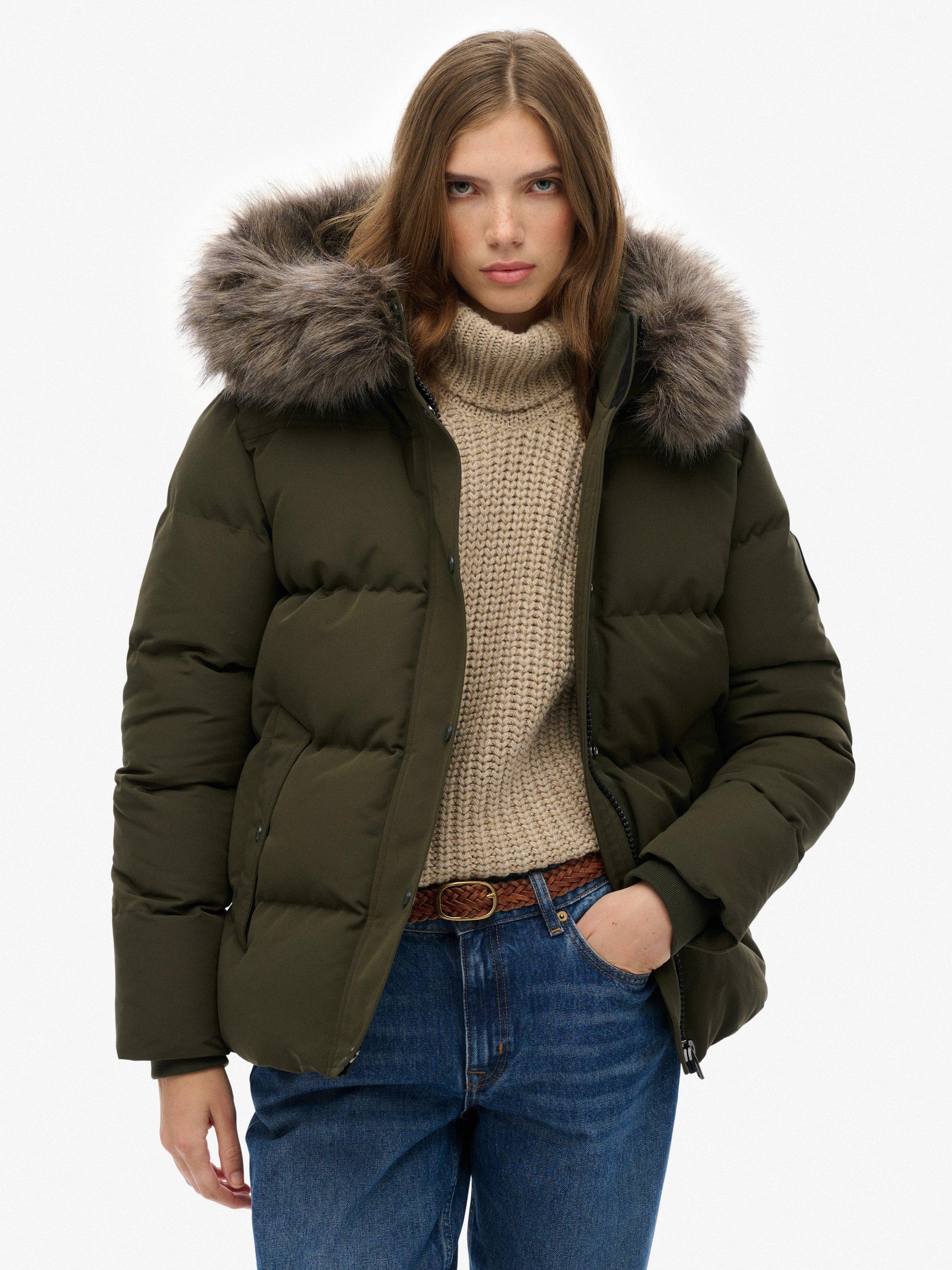 Product image 1 of 6, which shows Superdry Everest Five Baffle Puffer Jacket, Army Khaki Green, 8