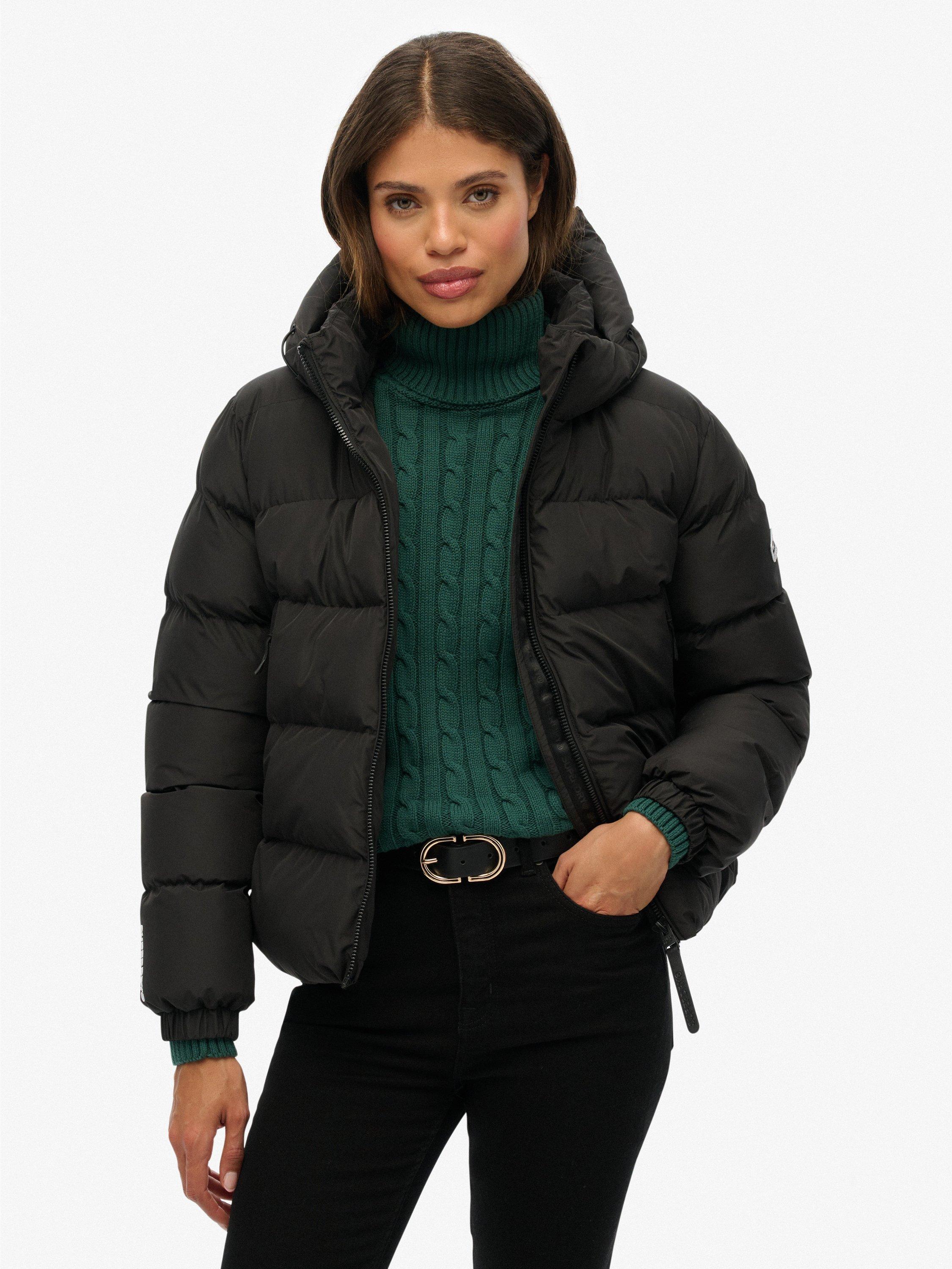 Product image 1 of 7, which shows Superdry Hooded Sports Puffer Jacket, Black, 12