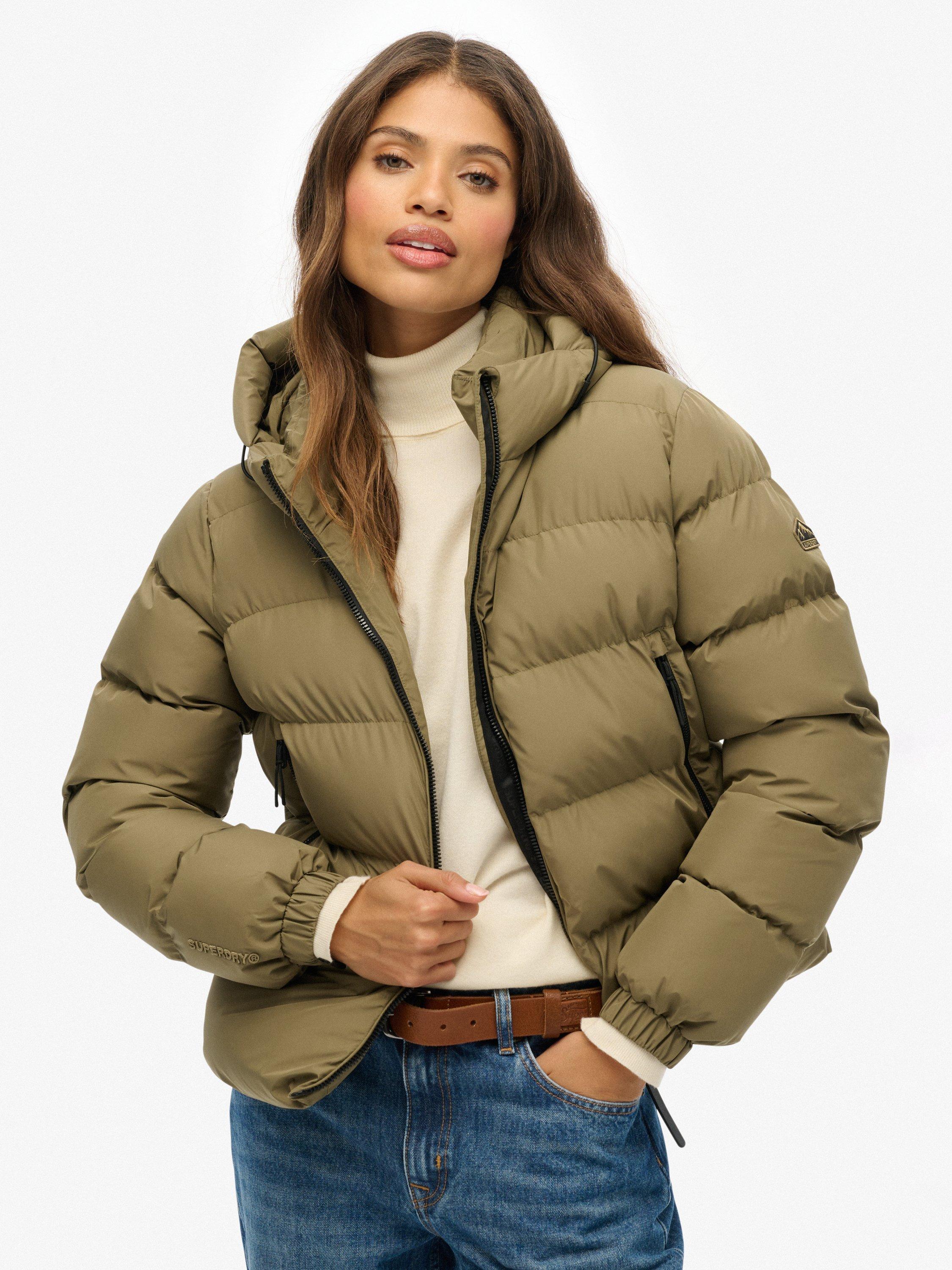 Product image 1 of 7, which shows Superdry Hooded Sports Puffer Jacket, Khaki, 10