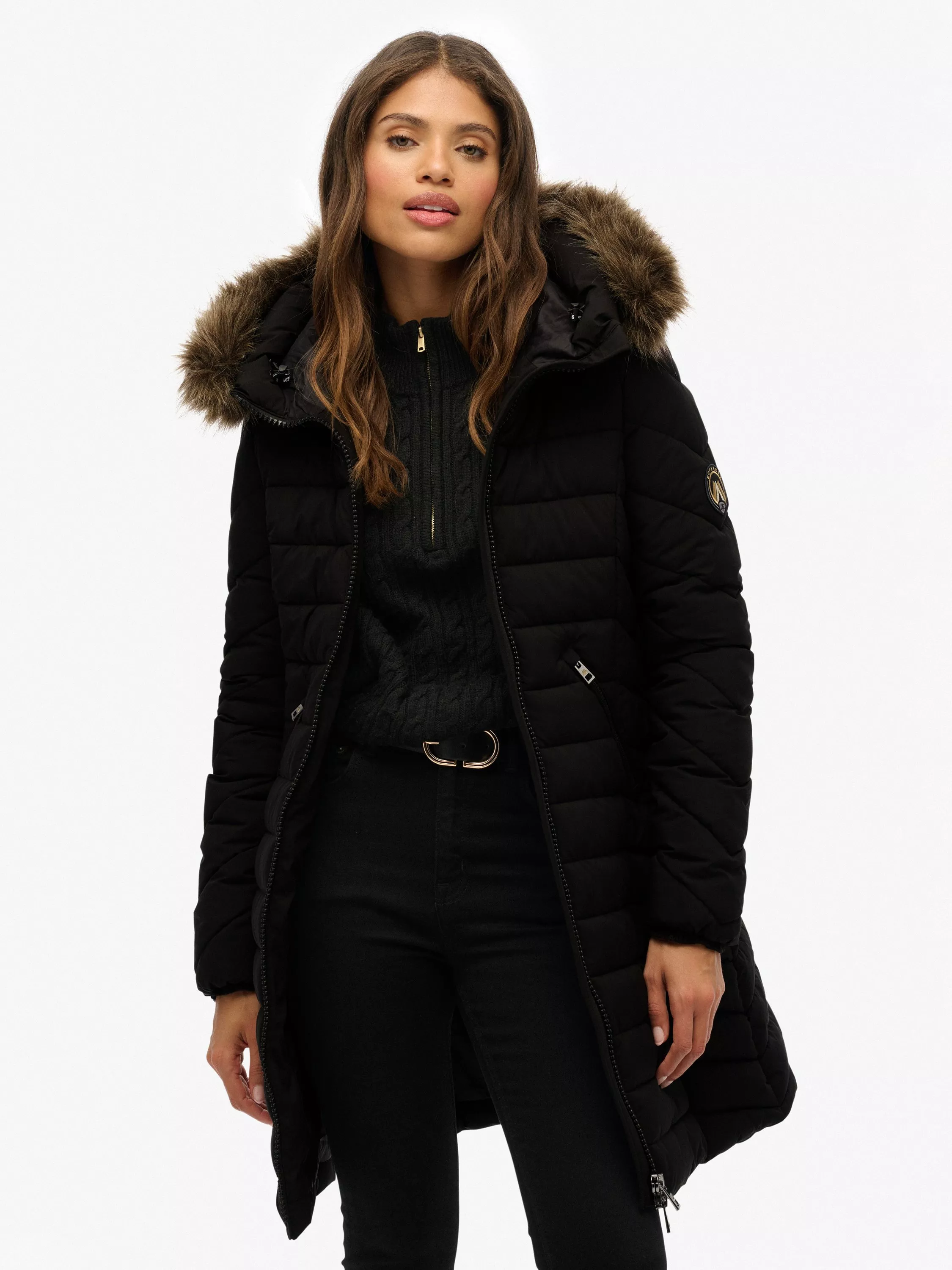 Parka Petite Black Faux Fur Hood Fitted Puffer Jacket Petite Black