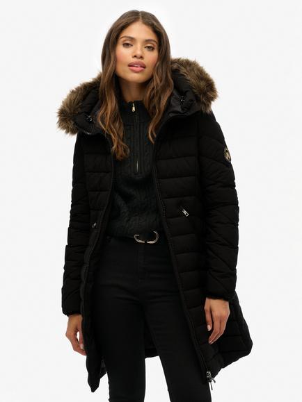 Superdry Fuji Faux Fur Hood Mid Length Coat, Black, Black