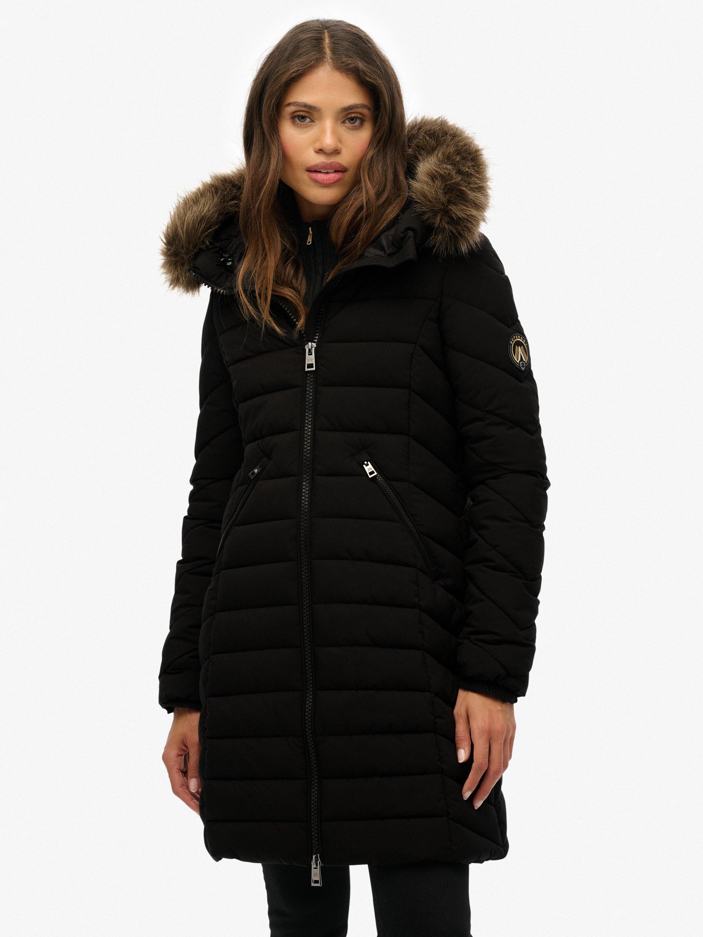 【極美品】wjk Big hood coat - EX heavy jersey Superdry Fuji Faux Fur Hood Mid Length Coat, Black