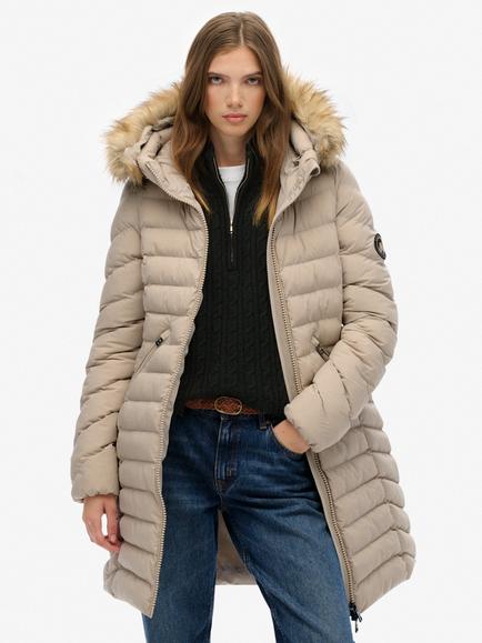 Superdry Fuji Faux Fur Hood Mid Length Coat, Chateau Gray, Chateau Gray