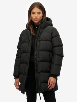 Superdry Hooded Sports Puffer Mid Length Jacket, Black, Black