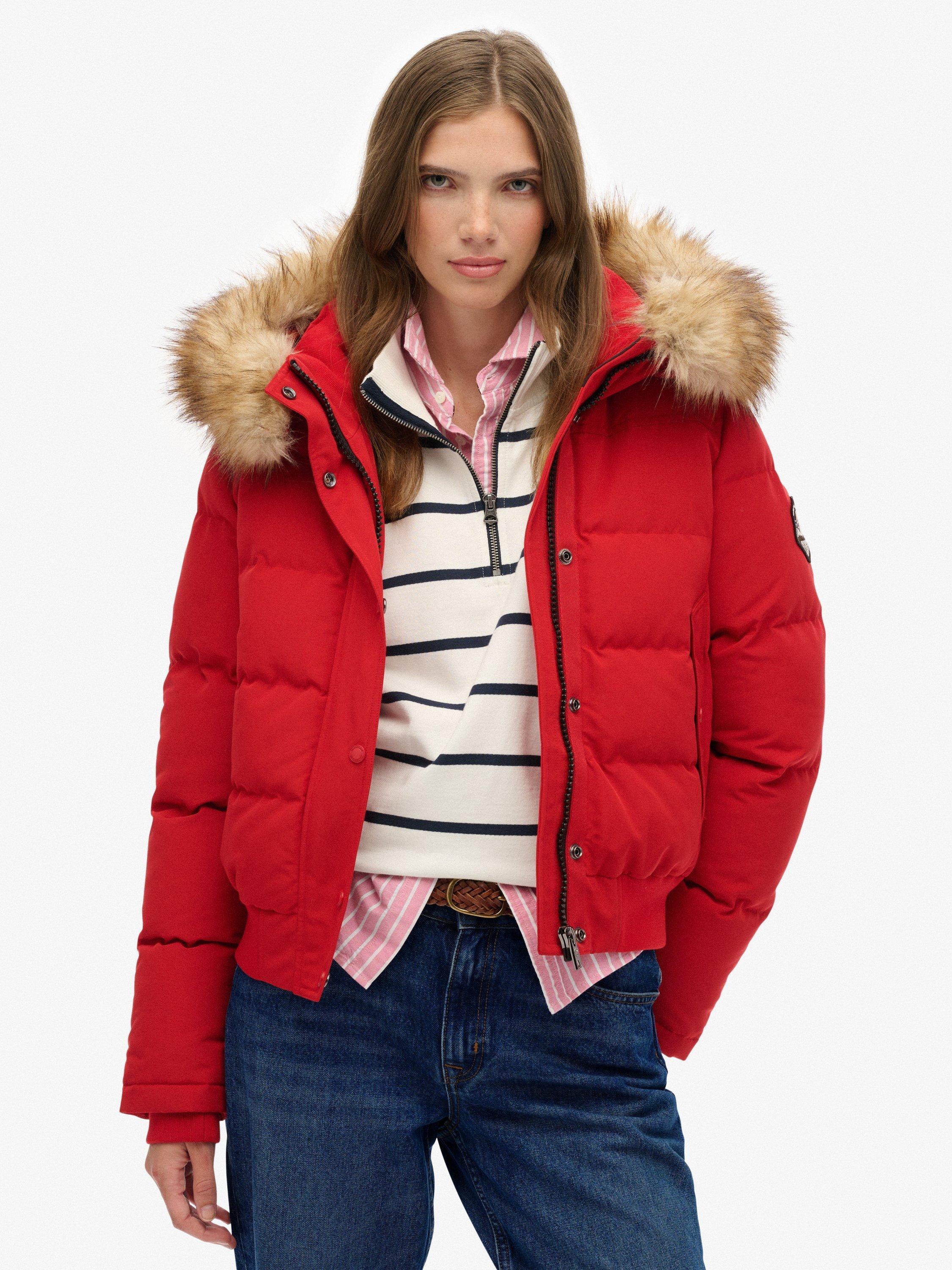 Product image 1 of 7, which shows Superdry Everest Hooded Bomber Jacket, Varsity Red, 12